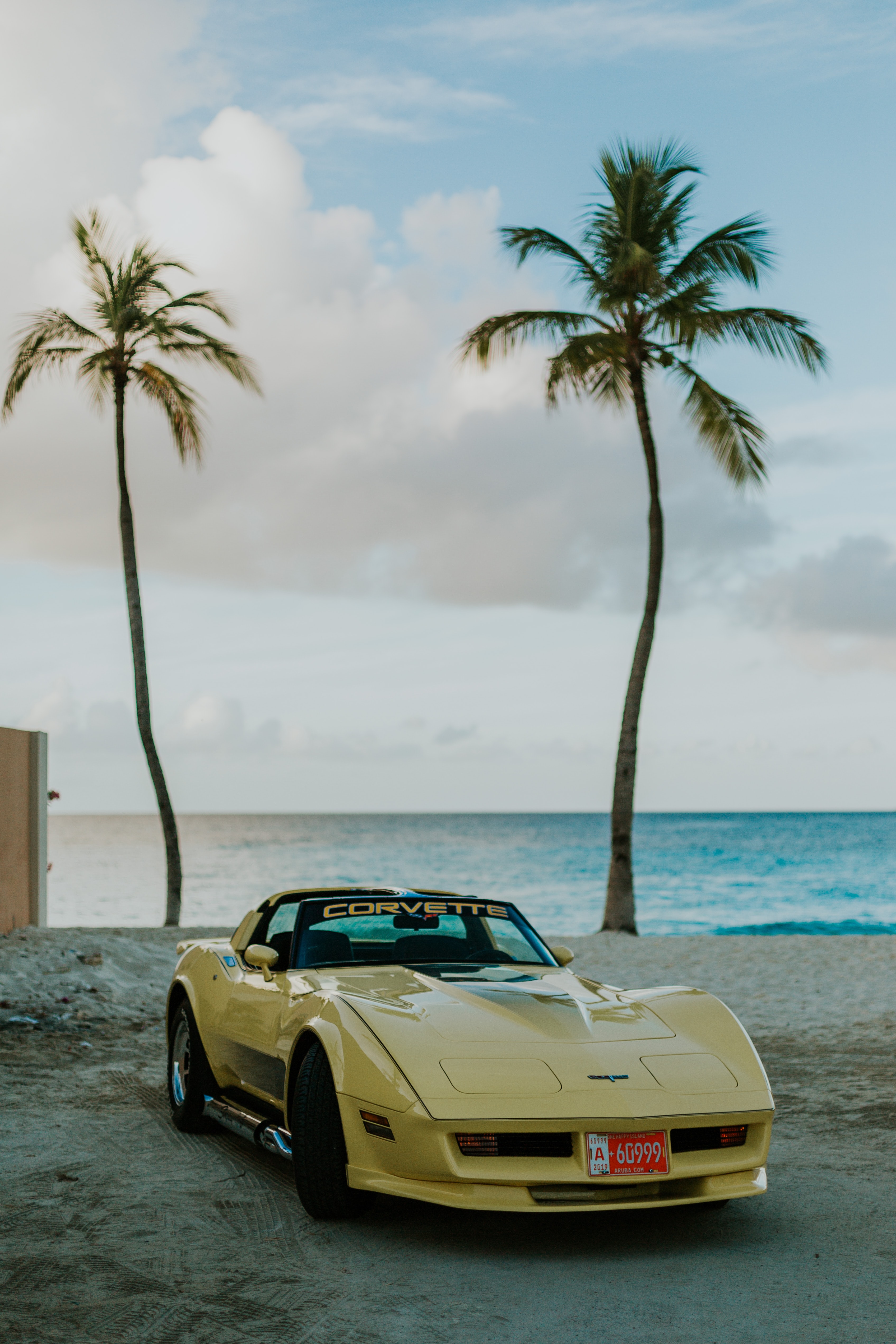 retro, beach, chevrolet, cars, yellow, car, chevrolet corvette HD wallpaper