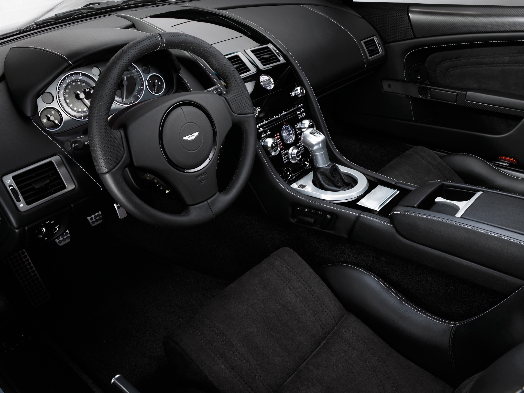 steering wheel, black, interior, aston martin, cars, dbs, 2008, rudder, salon, speedometer Full HD