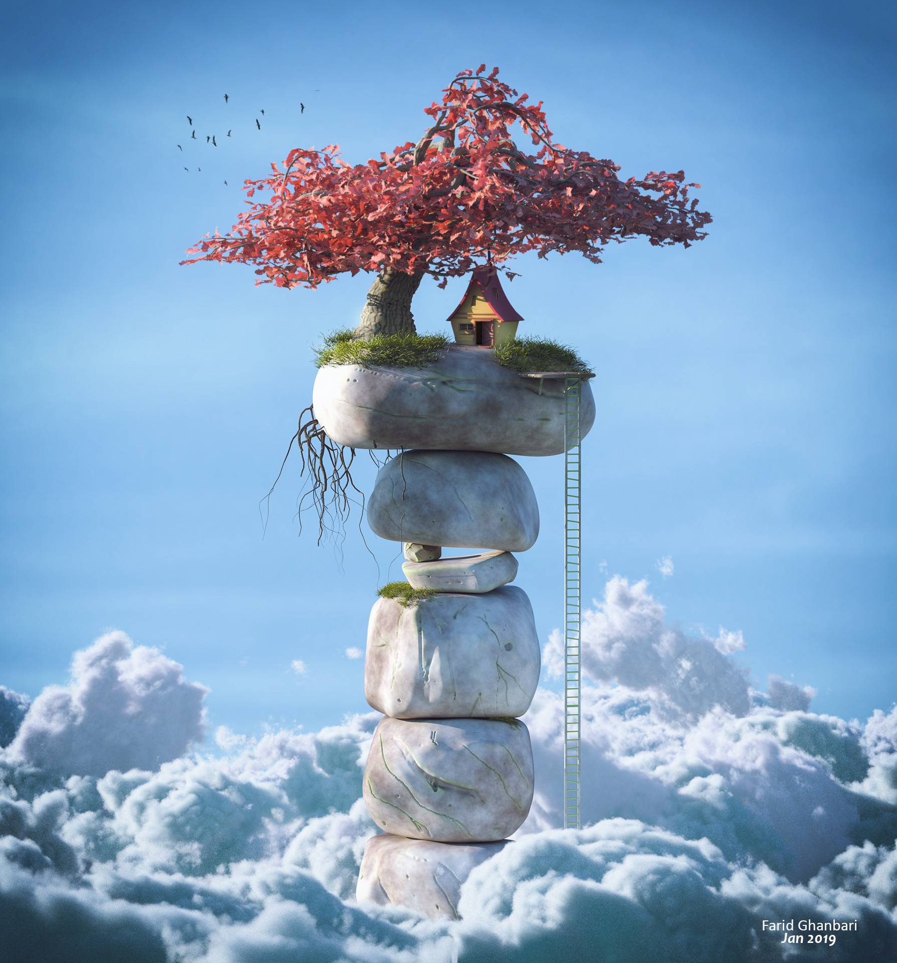 3d, sky, art, clouds, house wallpaper for mobile