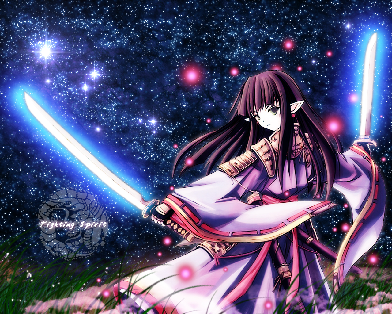 fighting spirit, star, sword, purple, space, women, anime