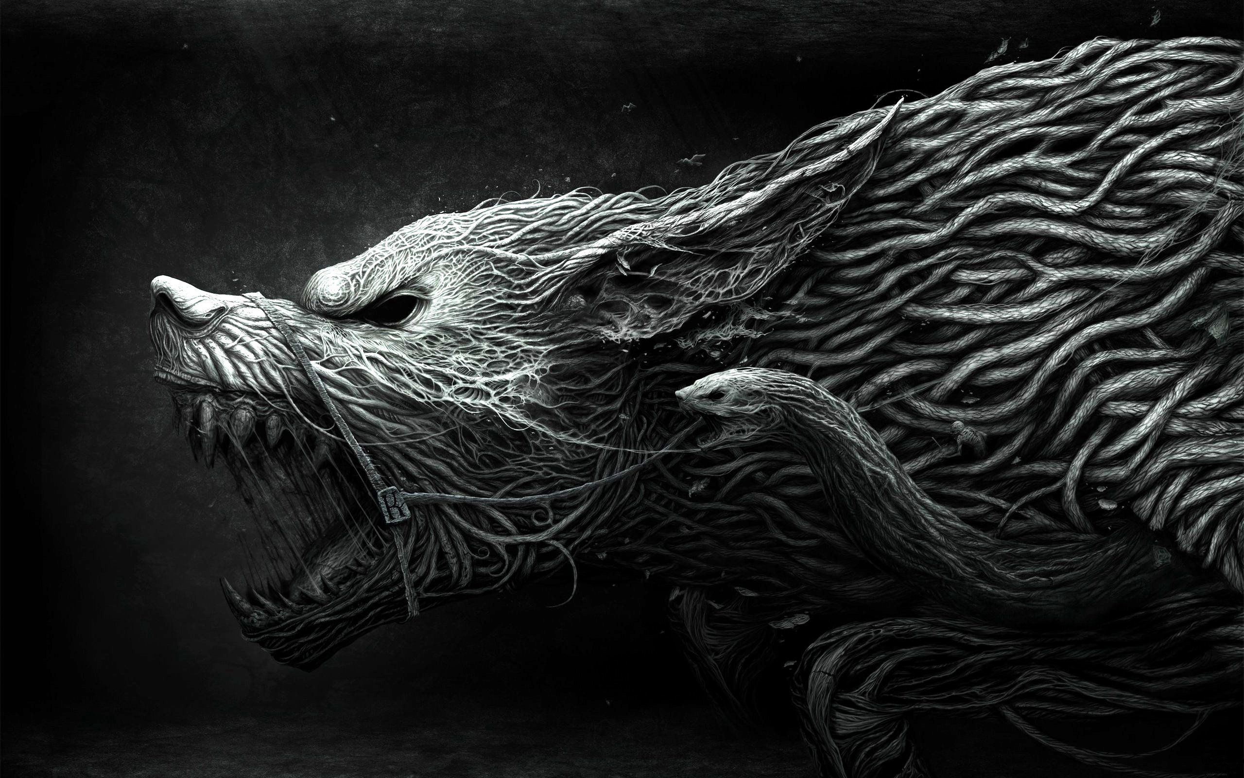 115206 download wallpaper art, black, white, aggression, picture, drawing, wolf, teeth screensavers and pictures for free
