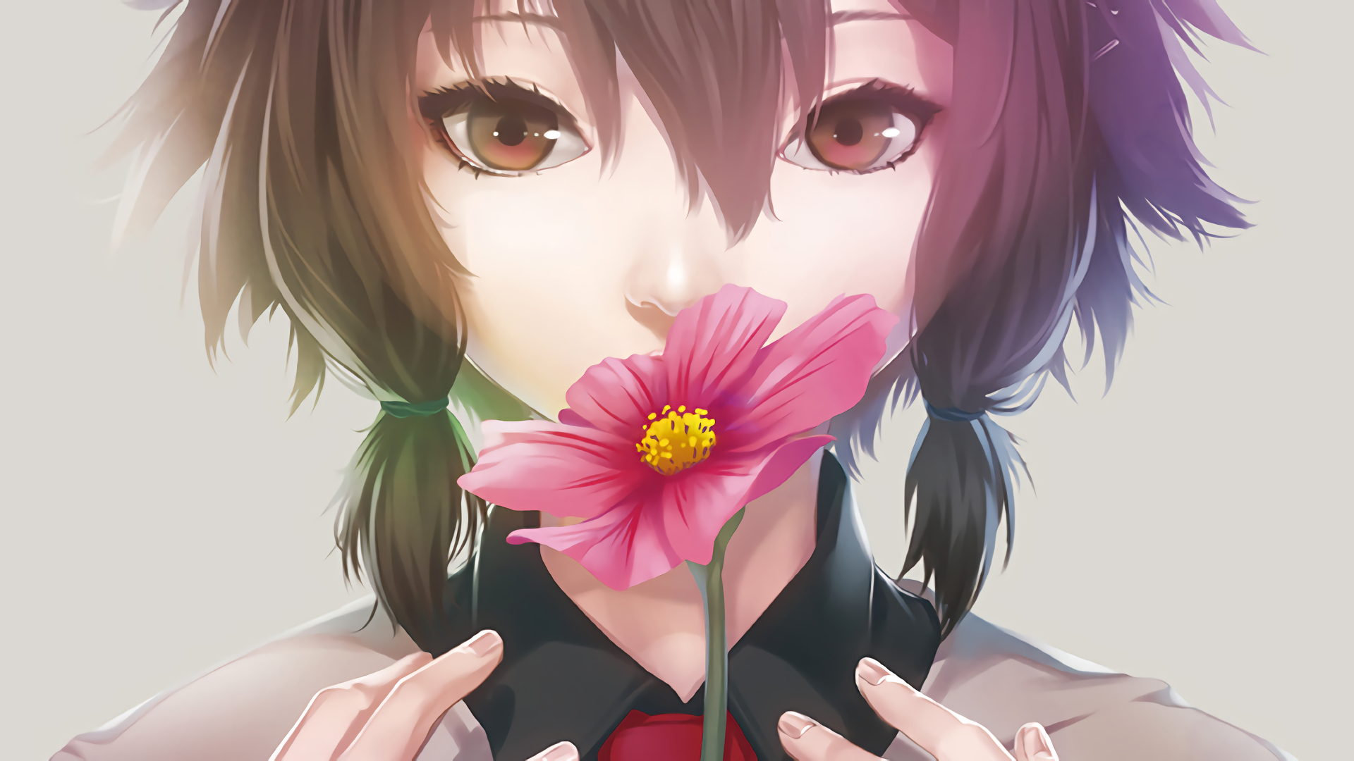 flower, girl, brown eyes, anime, brown hair 32K