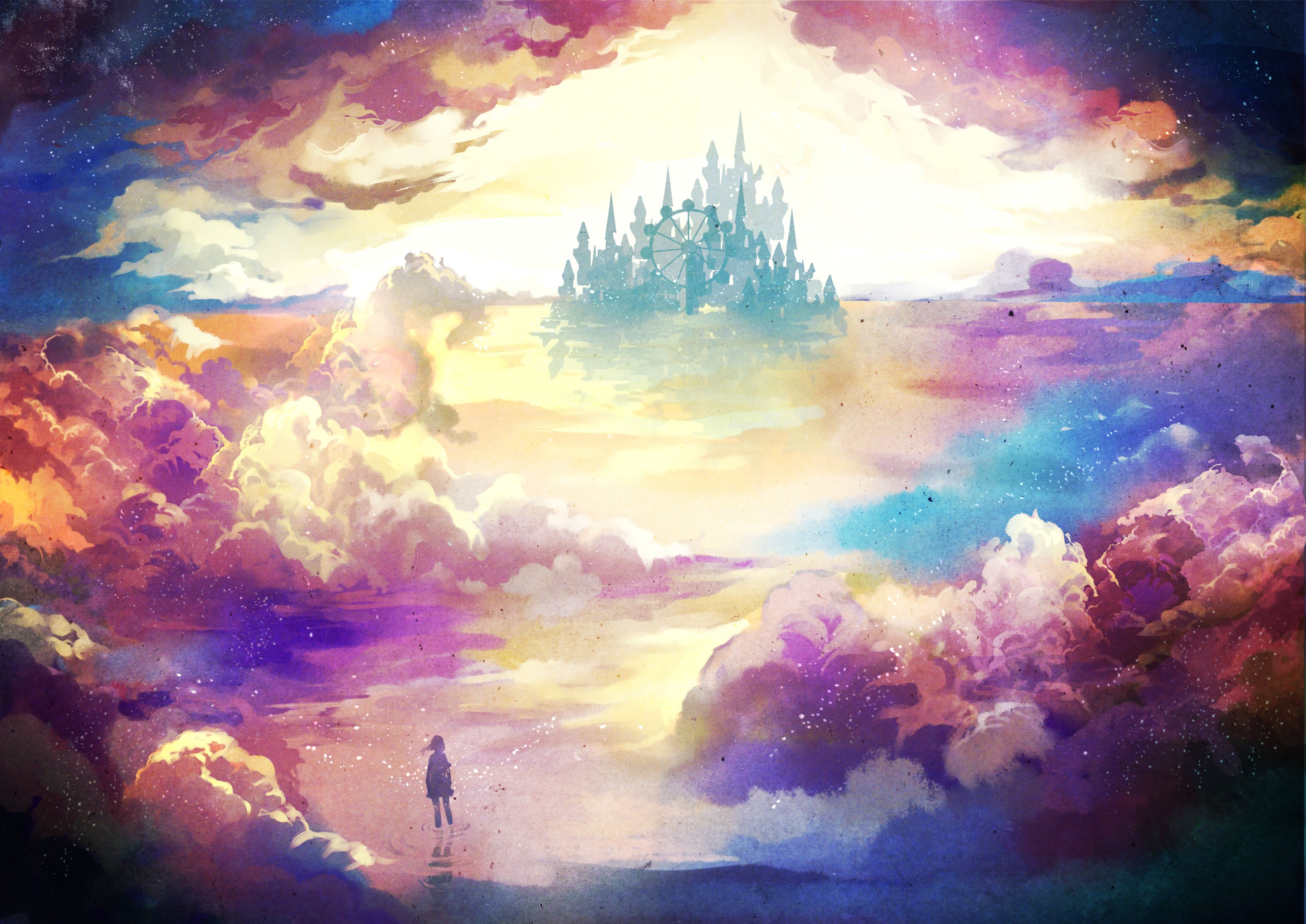 original, colorful, landscape, anime, castle, cloud, ferris wheel, sky, sun