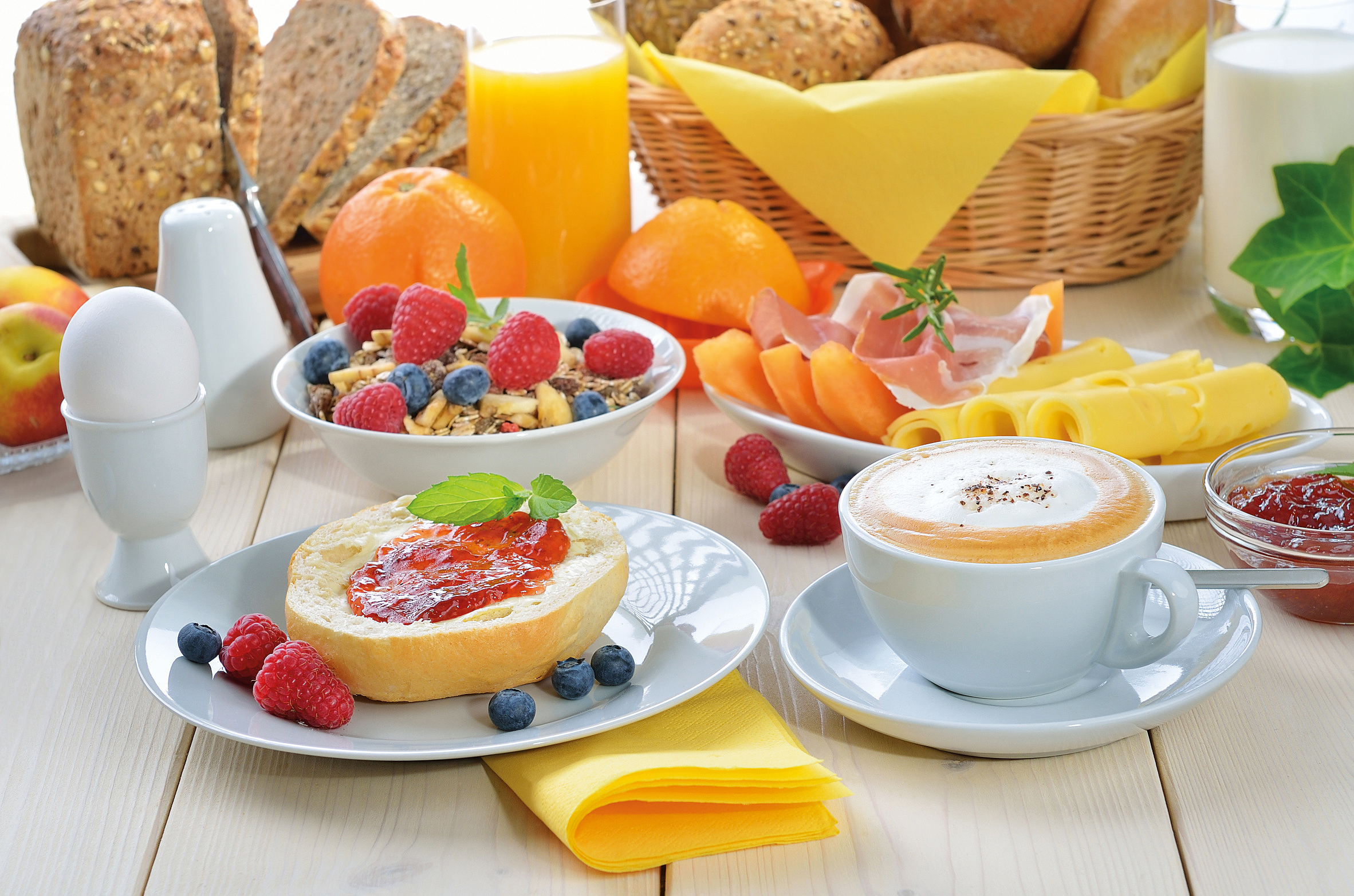 orange (fruit), breakfast, food, blueberry, bread, cheese, coffee, cup, egg, fruit, jam, juice, muesli, raspberry, still life Full HD