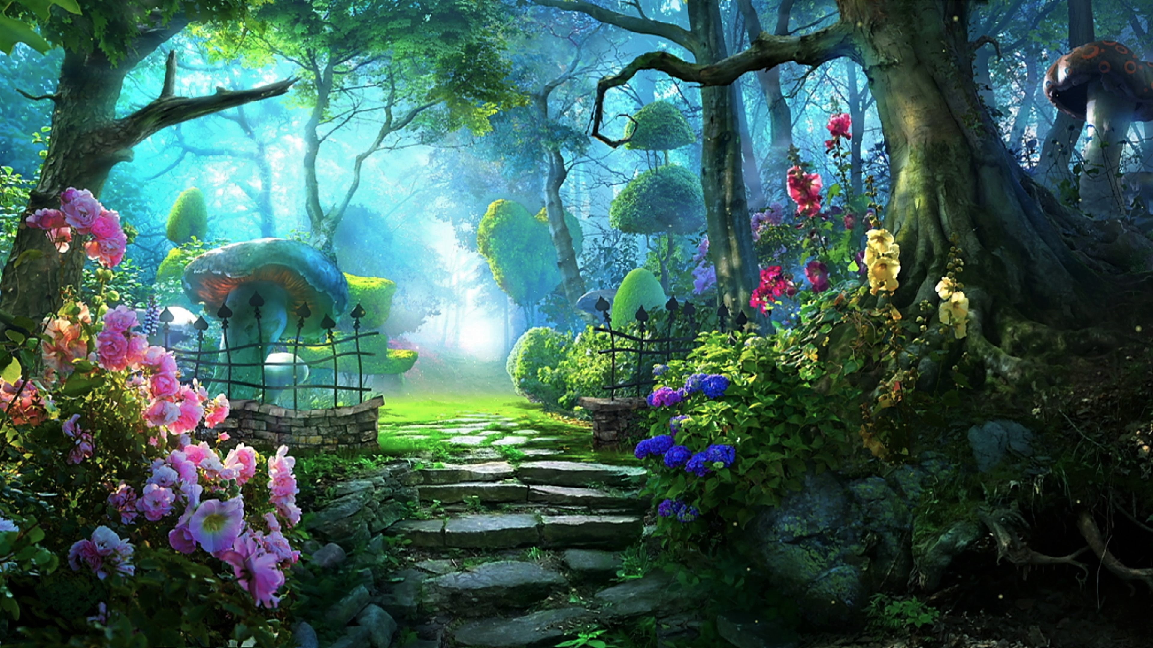 steps, flower, mushroom, tree, fantasy, artistic