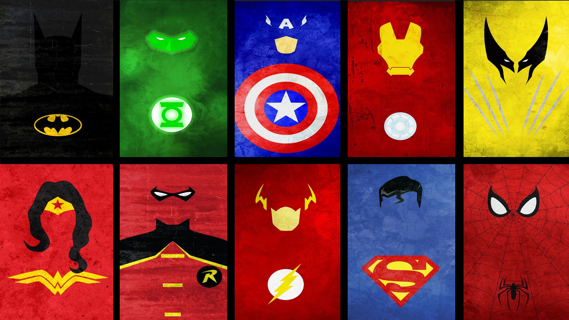 comics, collage, batman, captain america, flash, green lantern, iron man, robin (dc comics), spider man, superman, wolverine, wonder woman Phone Background