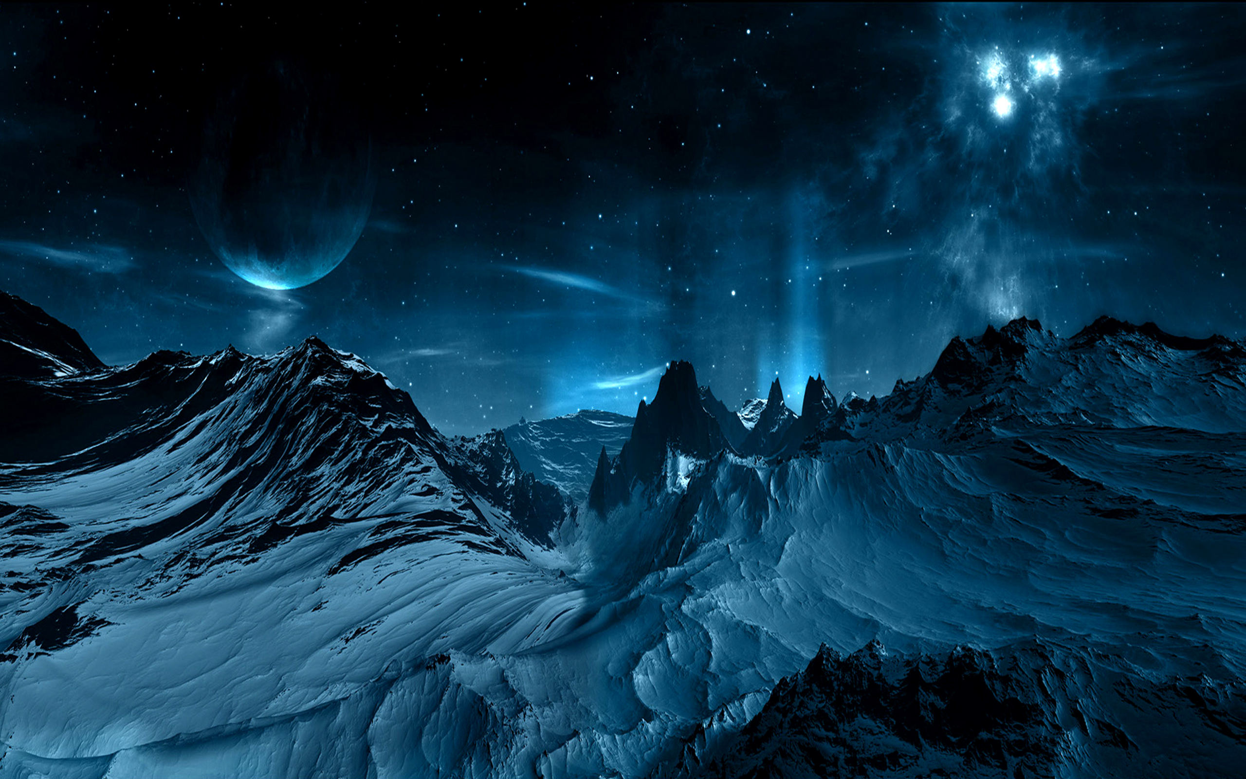 blue, moon, sci fi, landscape, mountain, snow, space, planet High Definition image
