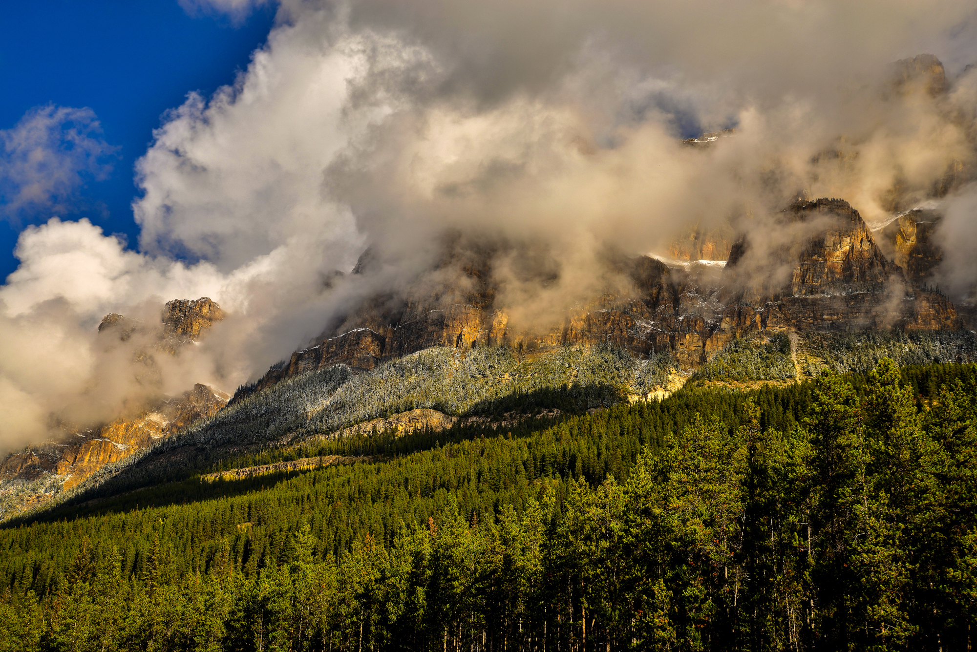 Handy-Wallpaper Natur, Grass, Mountains, Kanada, Nebel, Banff-Nationalpark kostenlos herunterladen.