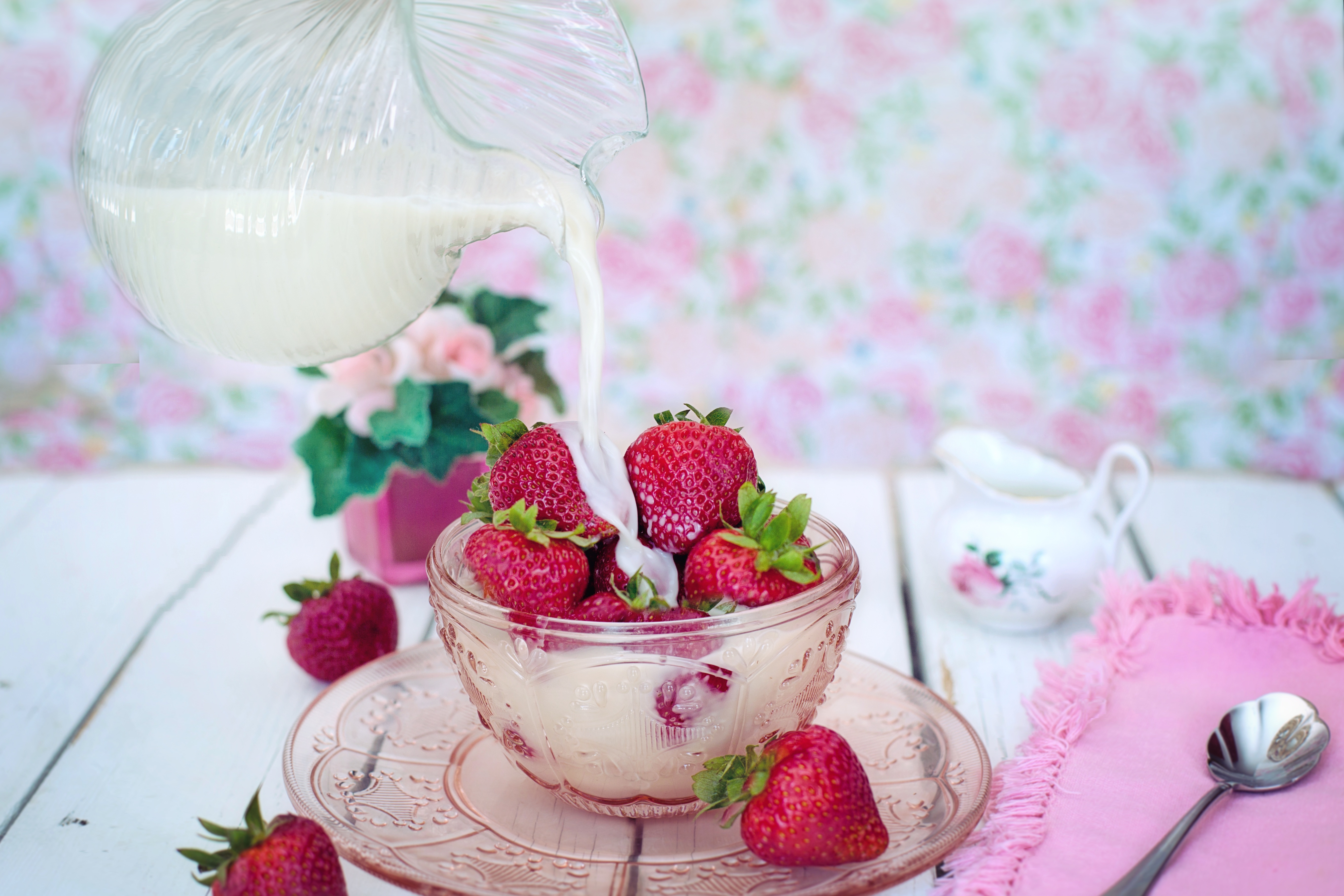 strawberry, food, berries, plate, milk