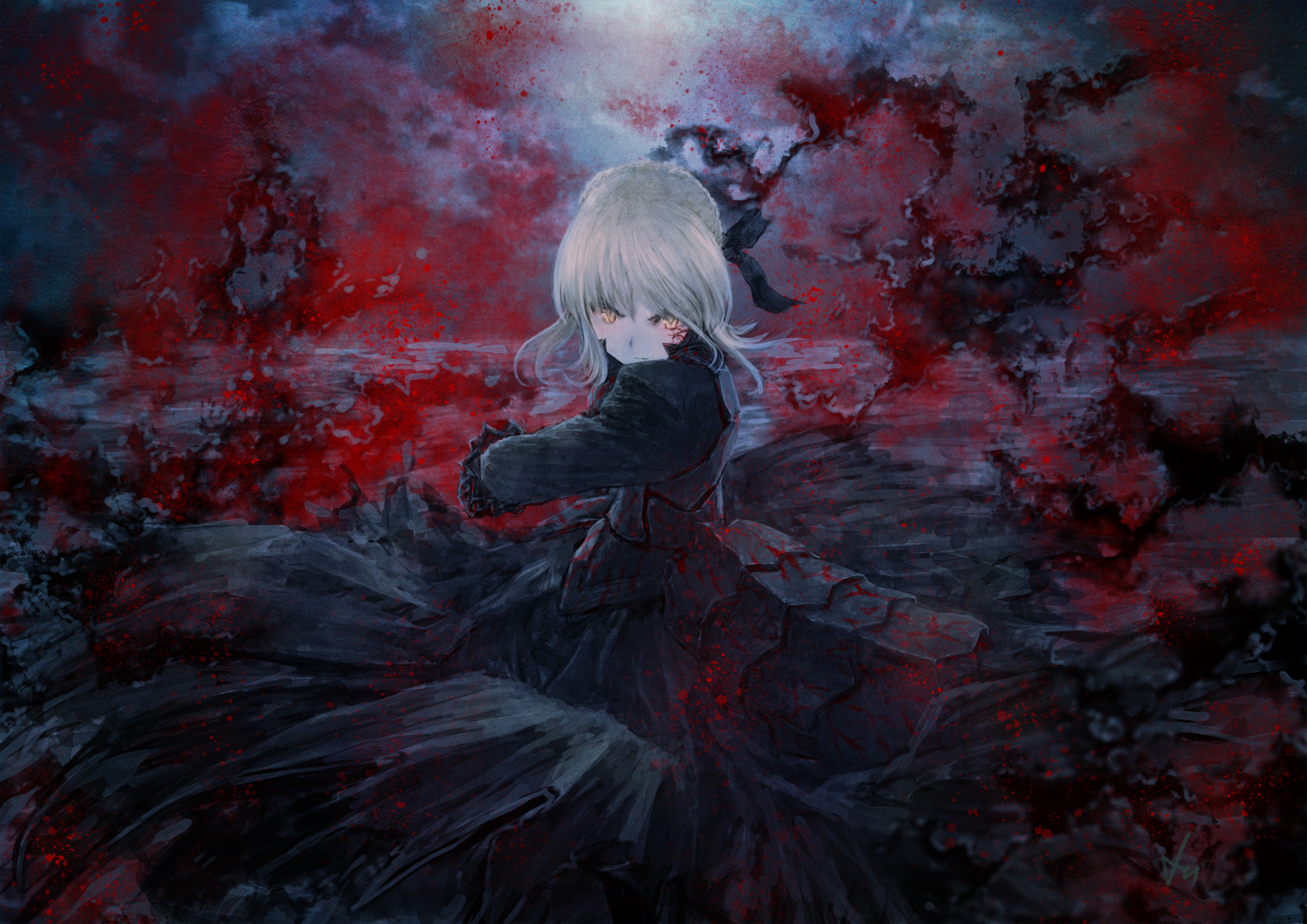 anime, fate/stay night, angry, black dress, dress, fate (series), ribbon, saber (fate series), saber alter, white hair, yellow eyes, fate series
