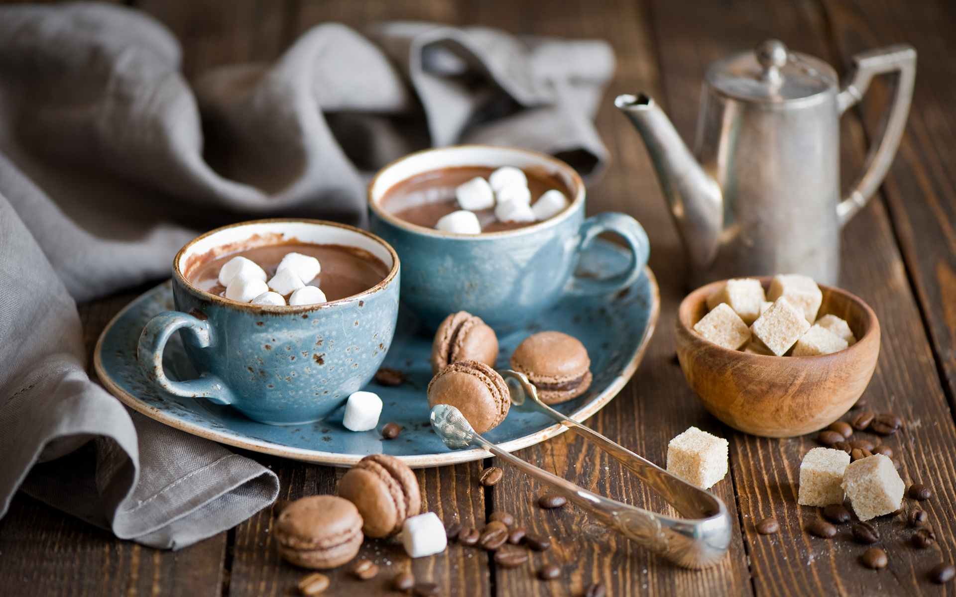 hot chocolate, macaroni, coffee beans, food, chocolate, marshmallow, mug, still life, teapot mobile wallpaper