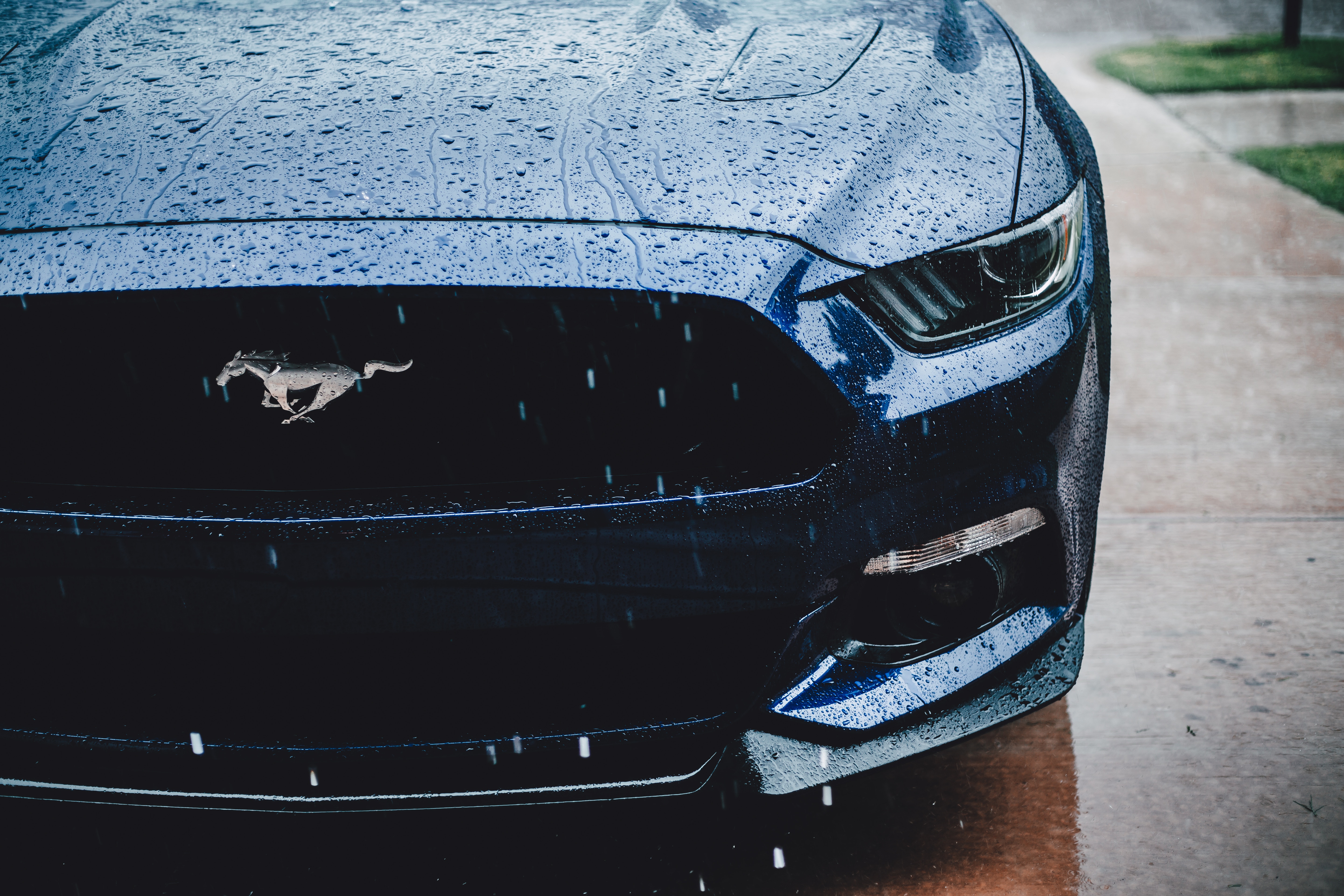 Laden Sie das Regen, Cars, Frontansicht, Vorderansicht, Scheinwerfer, Ford Mustang-Bild kostenlos auf Ihren PC-Desktop herunter