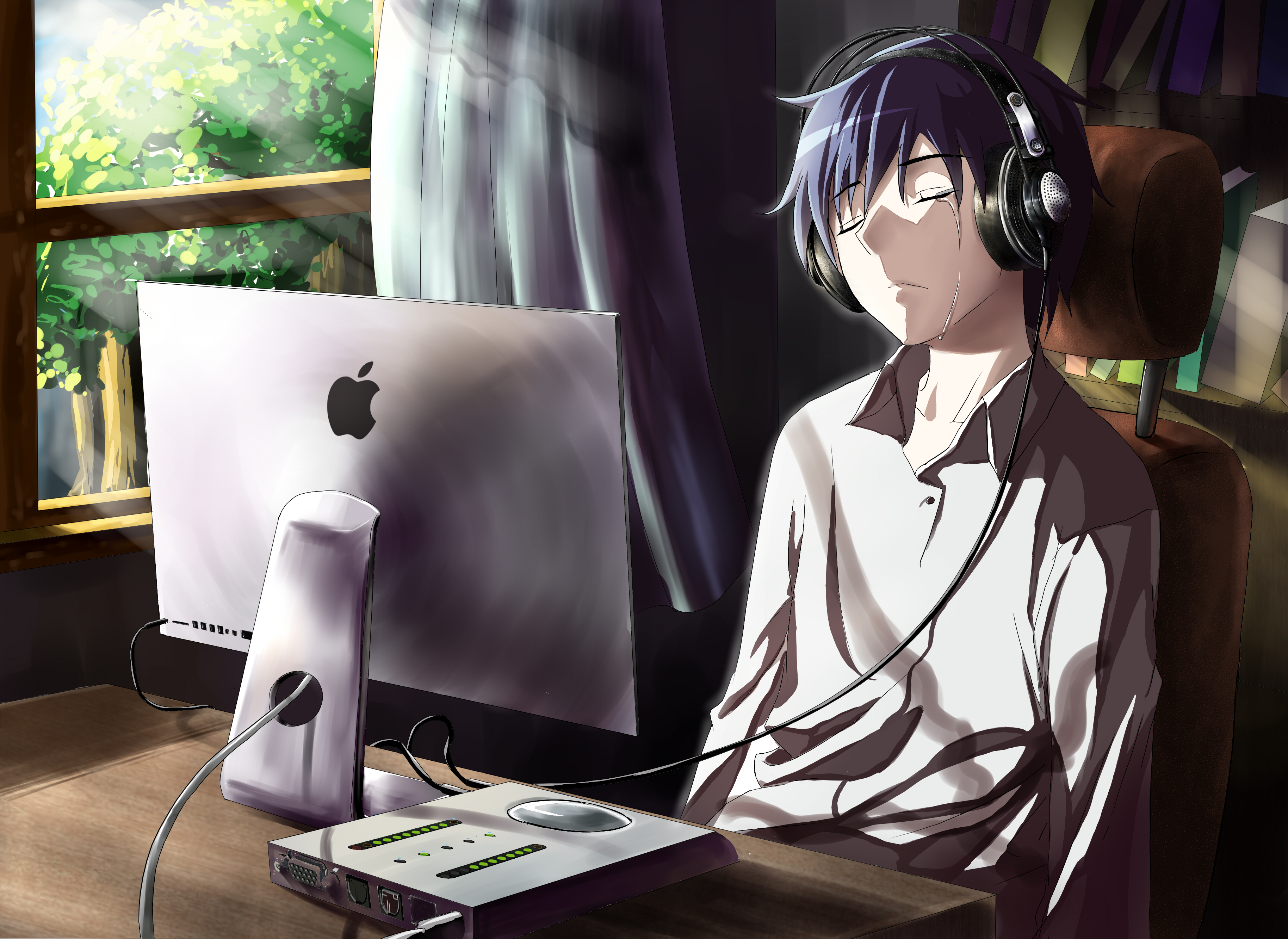 84096 download wallpaper anime, sadness, room, guy, sorrow, computer, tears screensavers and pictures for free