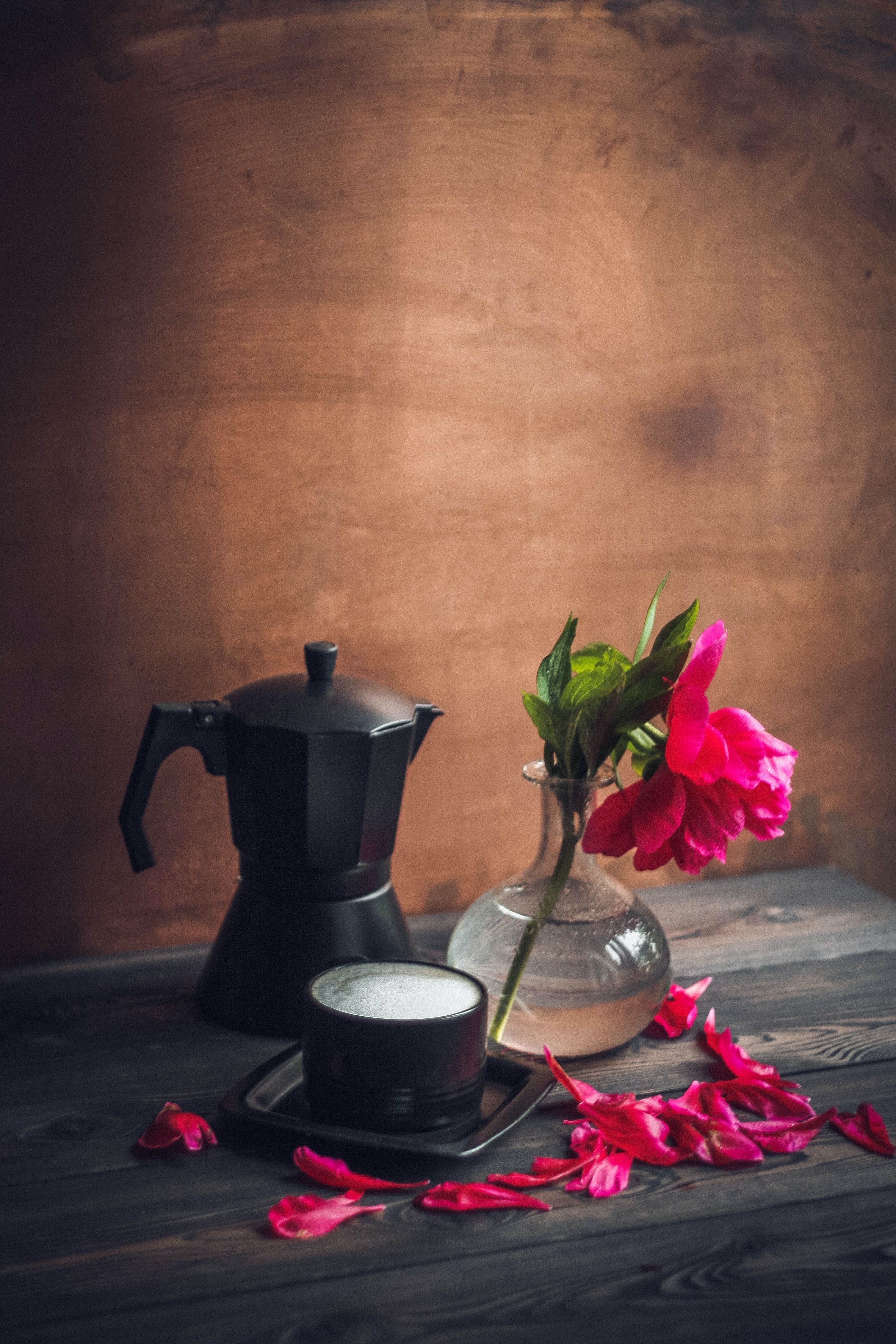 flowers, coffee, flower, petals, cup, drink, beverage, teapot, kettle, mug, pion, peony