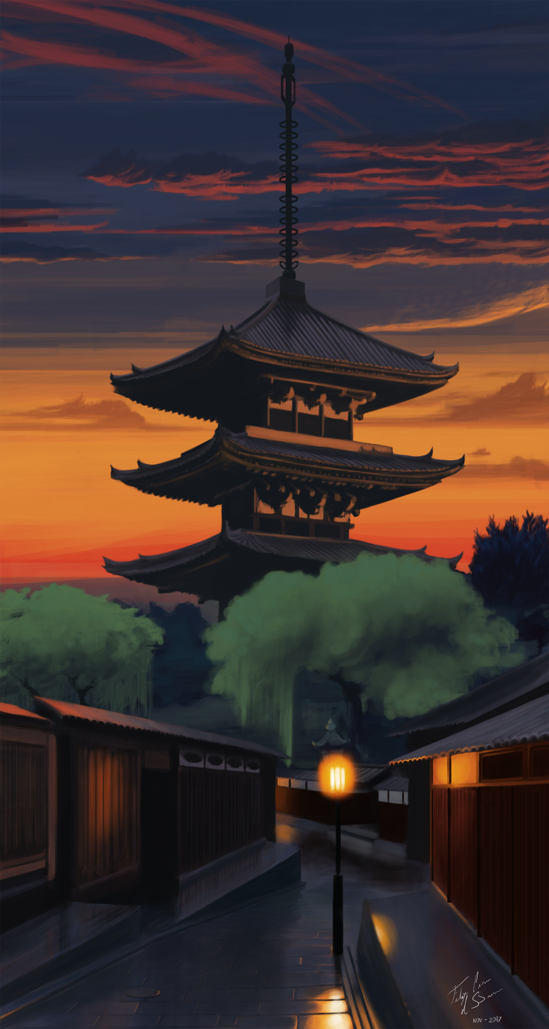 twilight, art, building, dusk, pagoda, temple for android