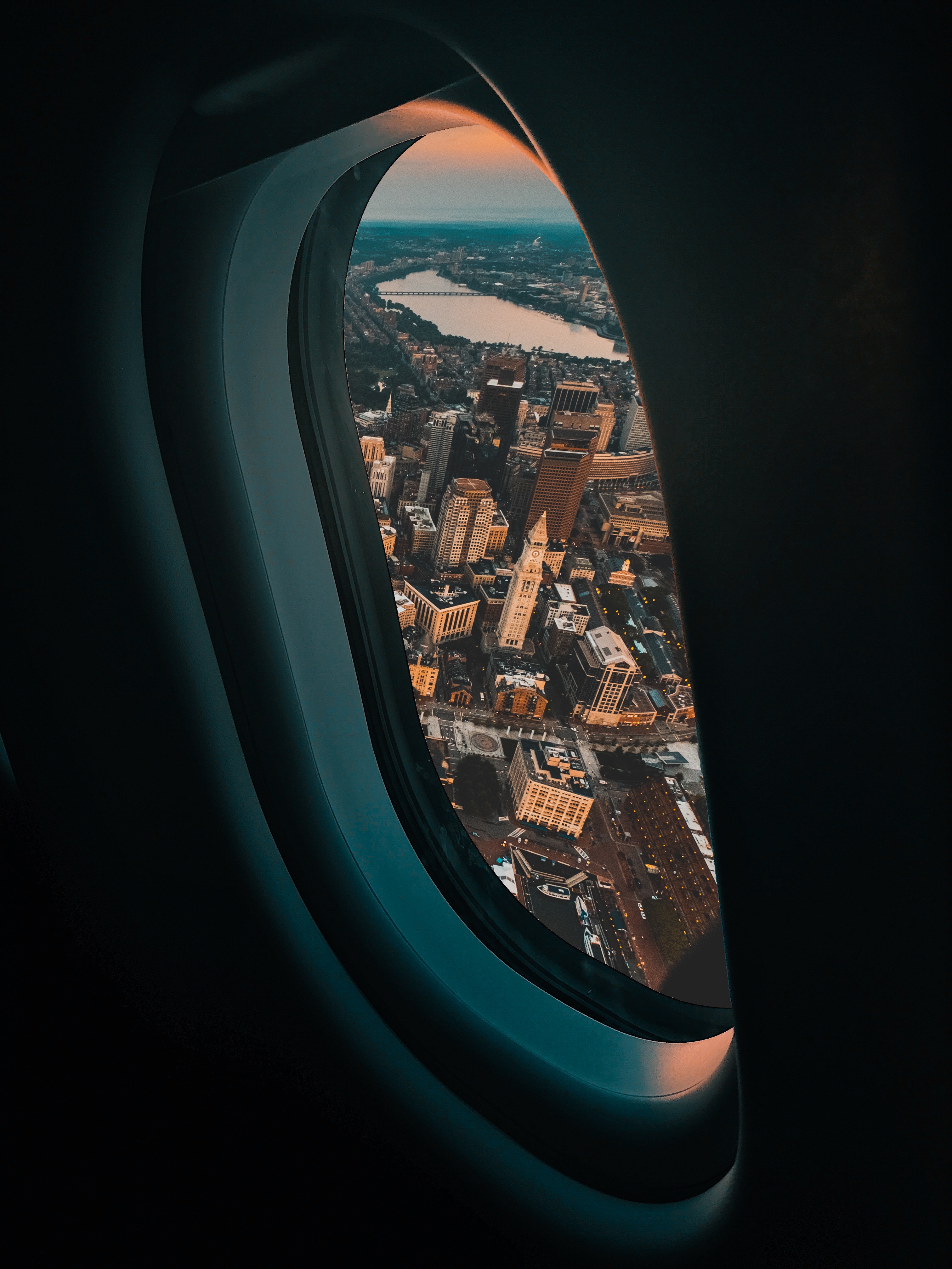 airplane, city, miscellanea, miscellaneous, window, porthole, plane