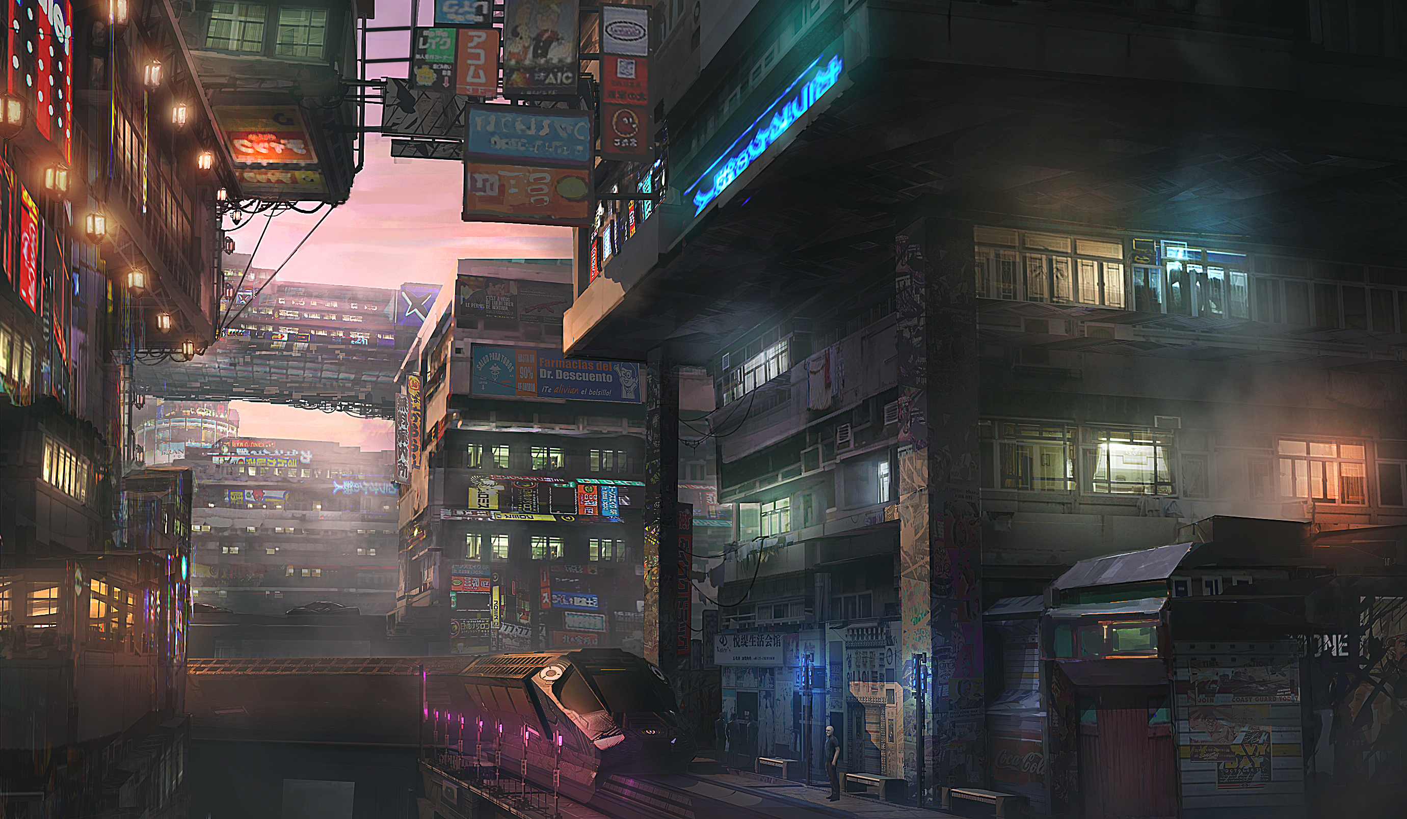 cyberpunk, futuristic, sci fi, building, city, train HD wallpaper