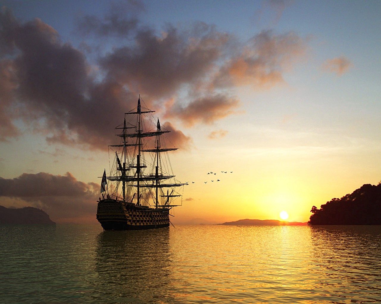 ship, nature, birds, sea, sun, sunrise, rise, morning HD wallpaper