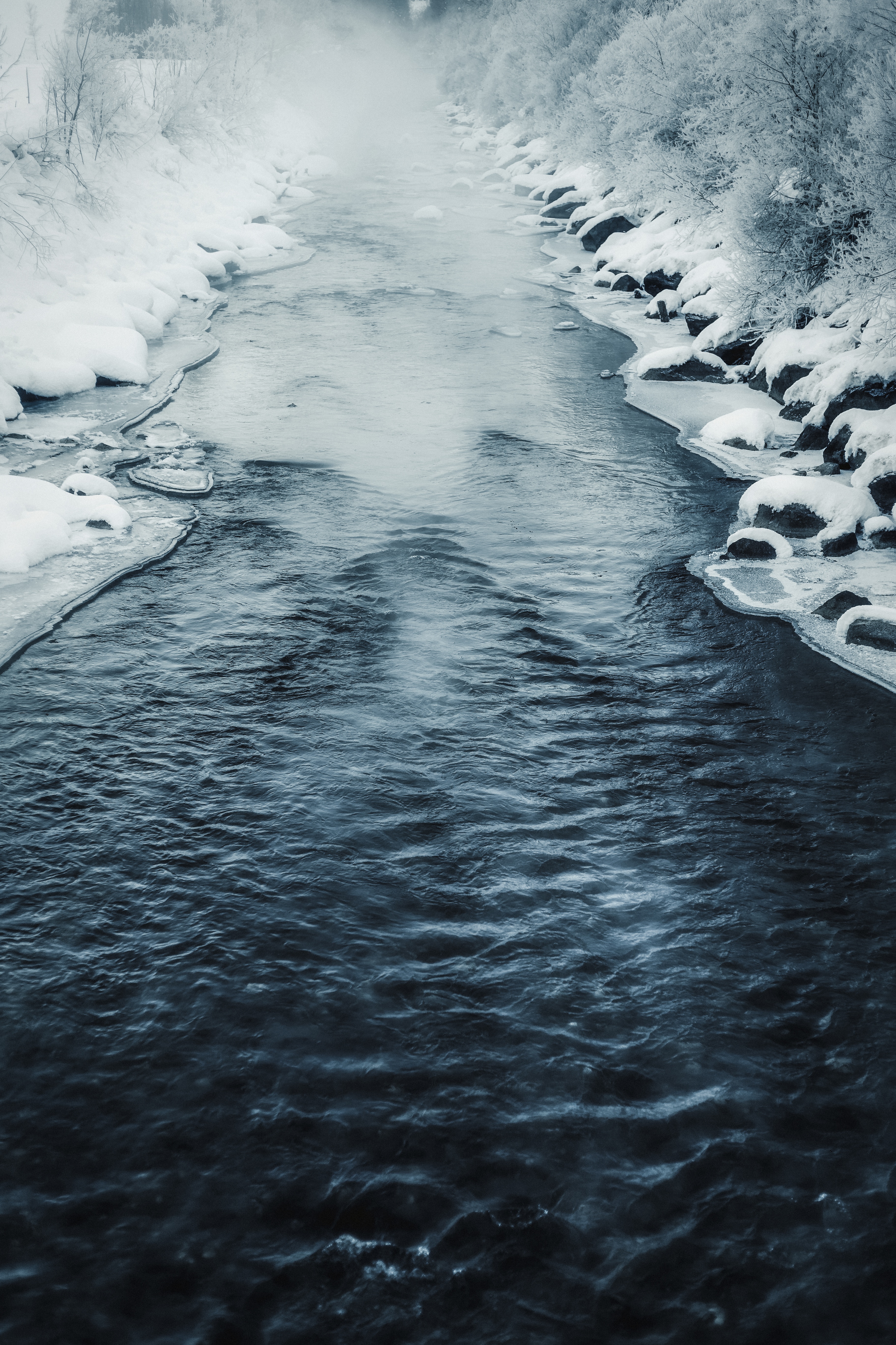 Download mobile wallpaper Snow, Nature, Water, Rivers, Ice, Fog for free.