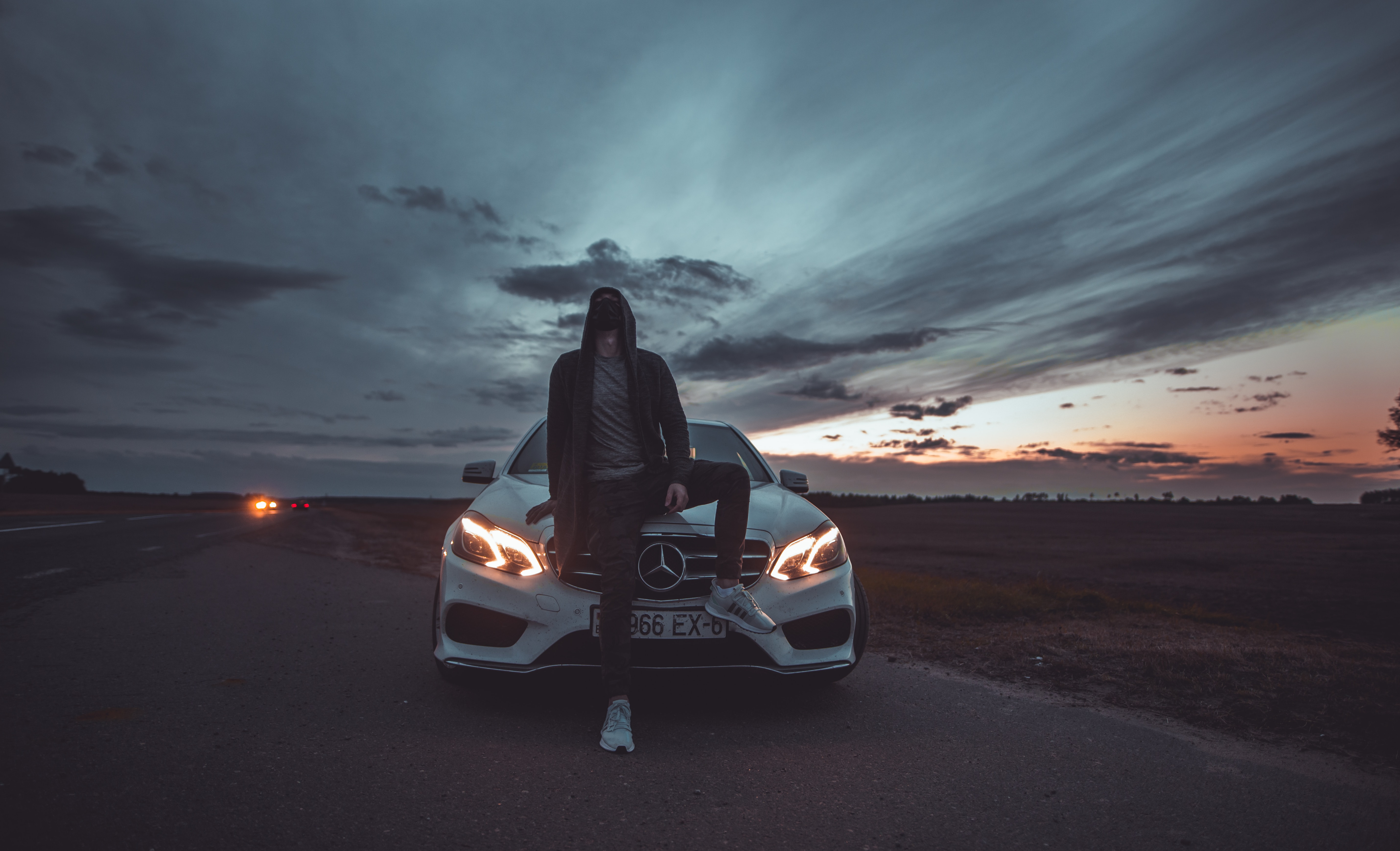 cars, human, mask, mercedes, car, hood, person wallpapers for tablet