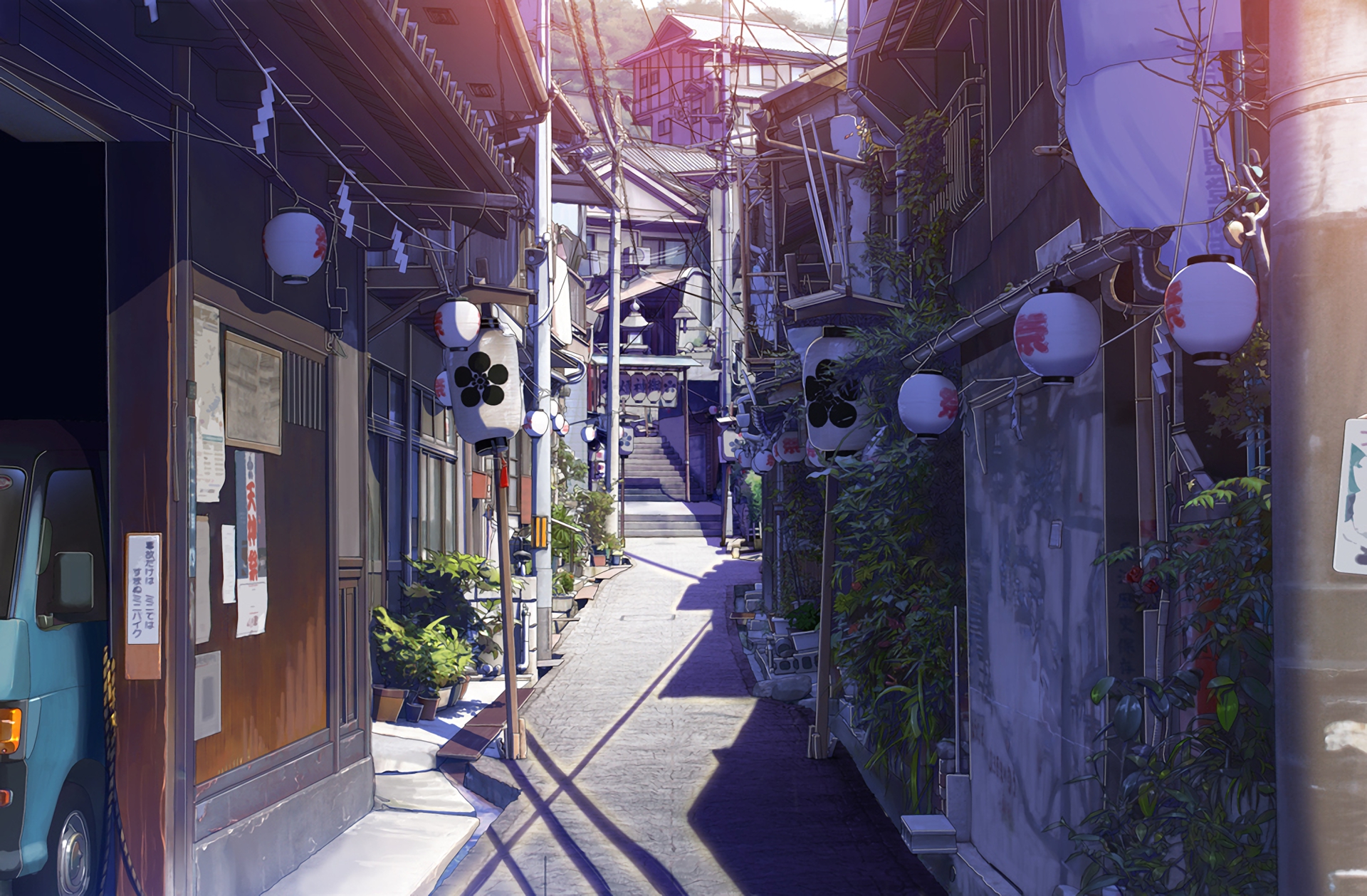 anime, original, alley, house, lantern, oriental, power line, town 2160p