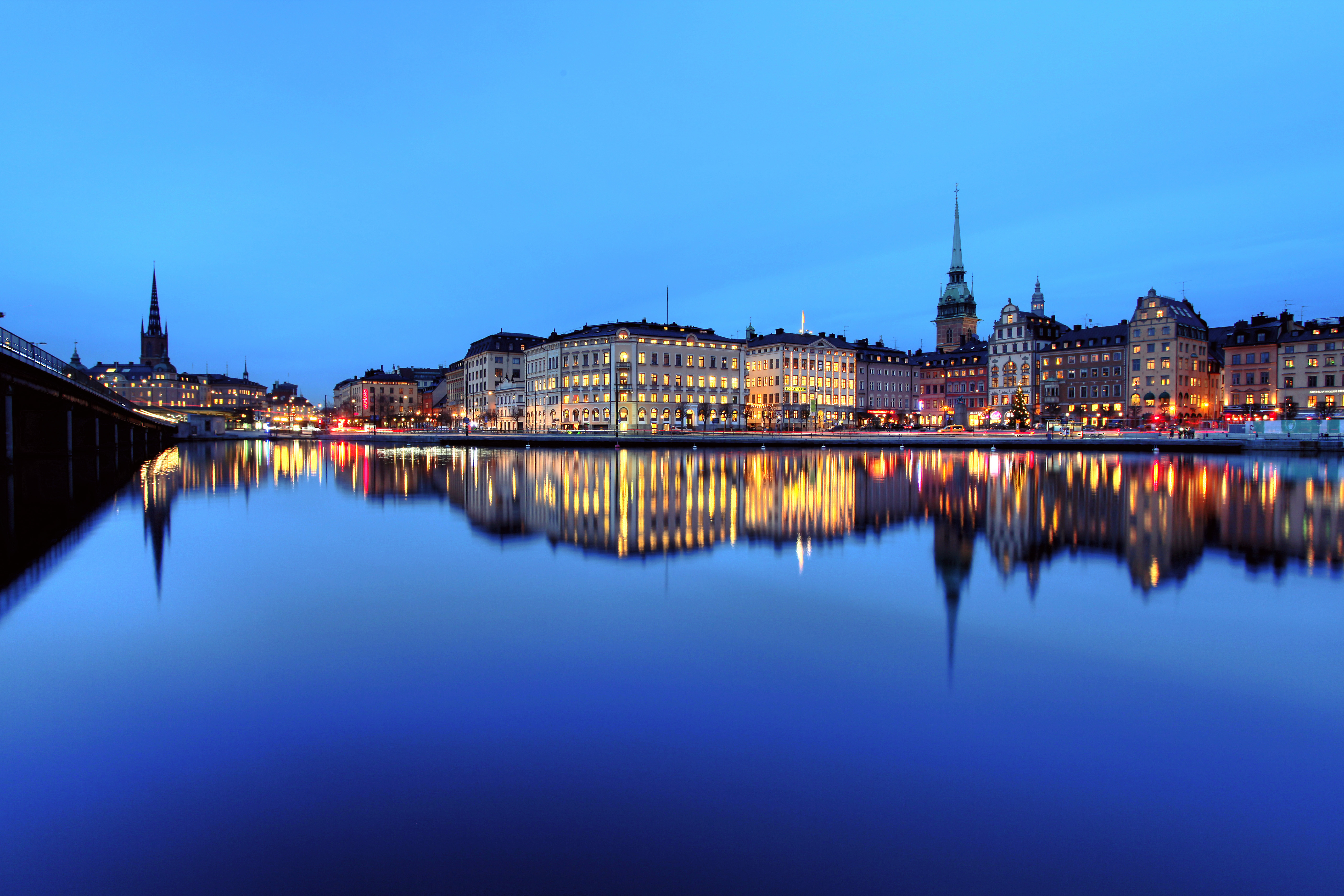 man made, stockholm, building, city, night, reflection, sweden, water, cities