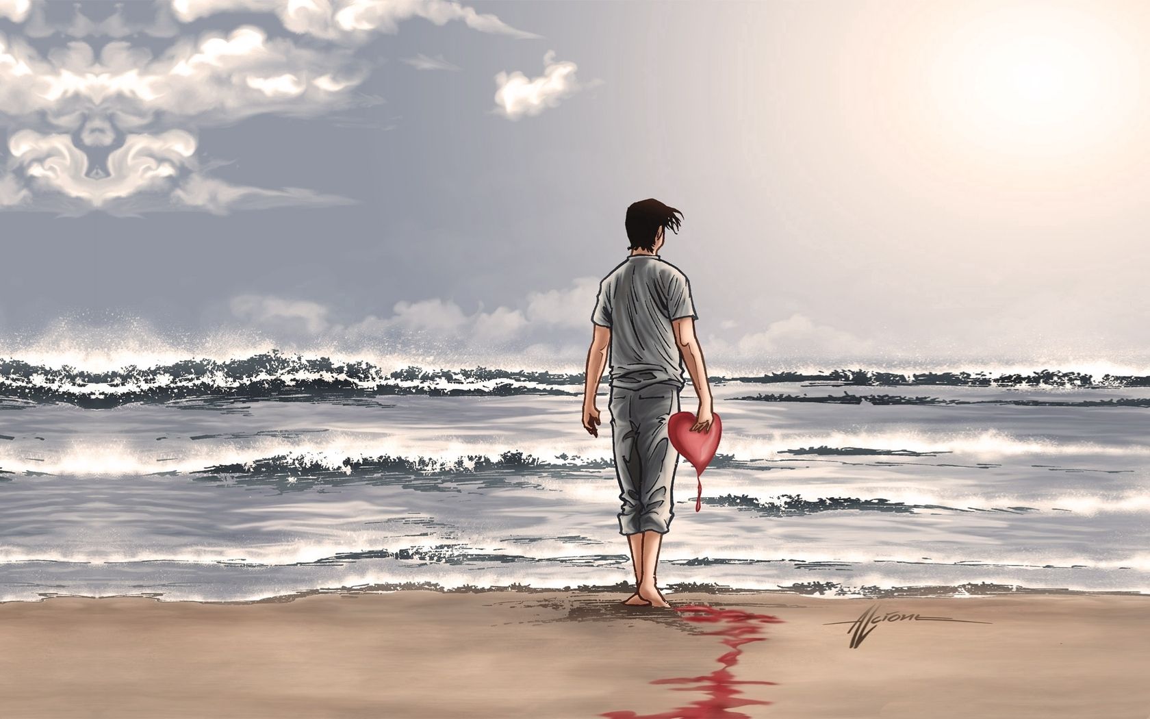 love, heart, water, sky, clouds, beach, shore, bank, guy HD wallpaper
