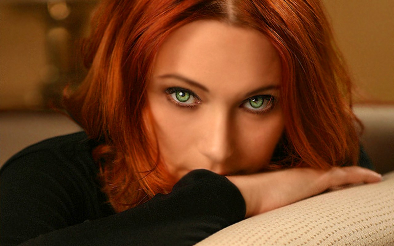women, face, green eyes, portrait, redhead, model QHD