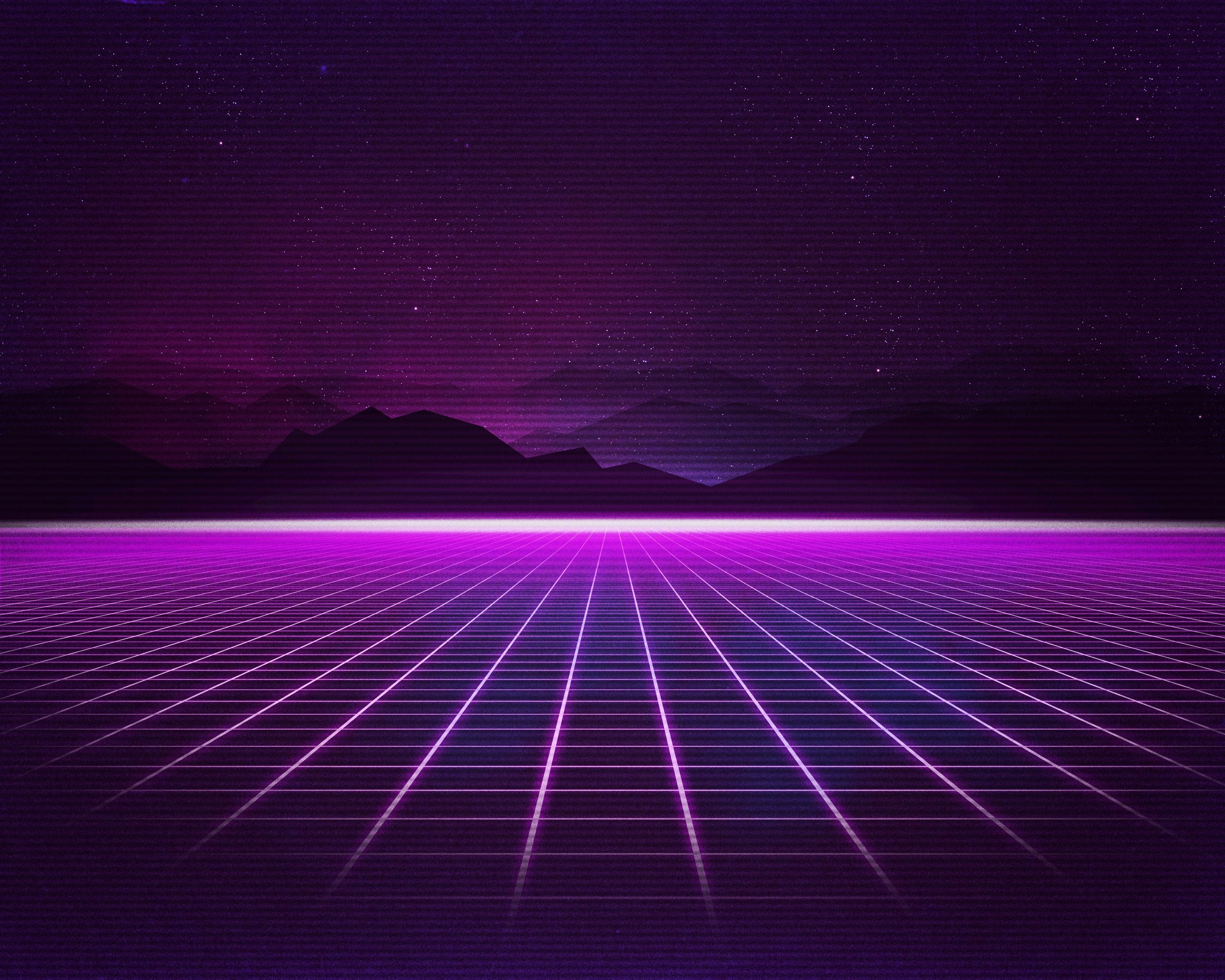purple, grid, retro wave, artistic, mountain, synthwave Full HD