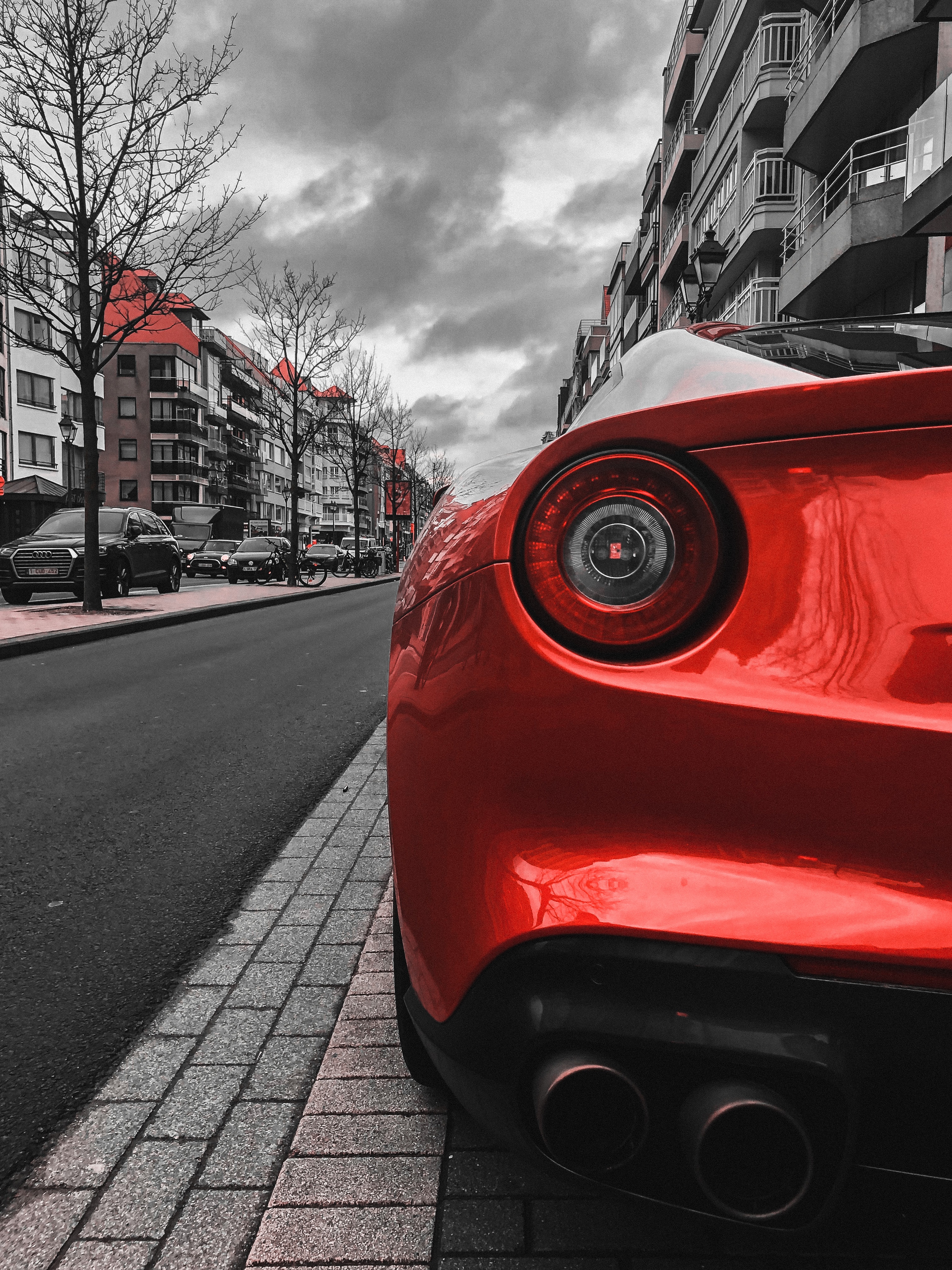 street, sports, cars, red, car, machine, sports car, back view, rear view Free Stock Photo