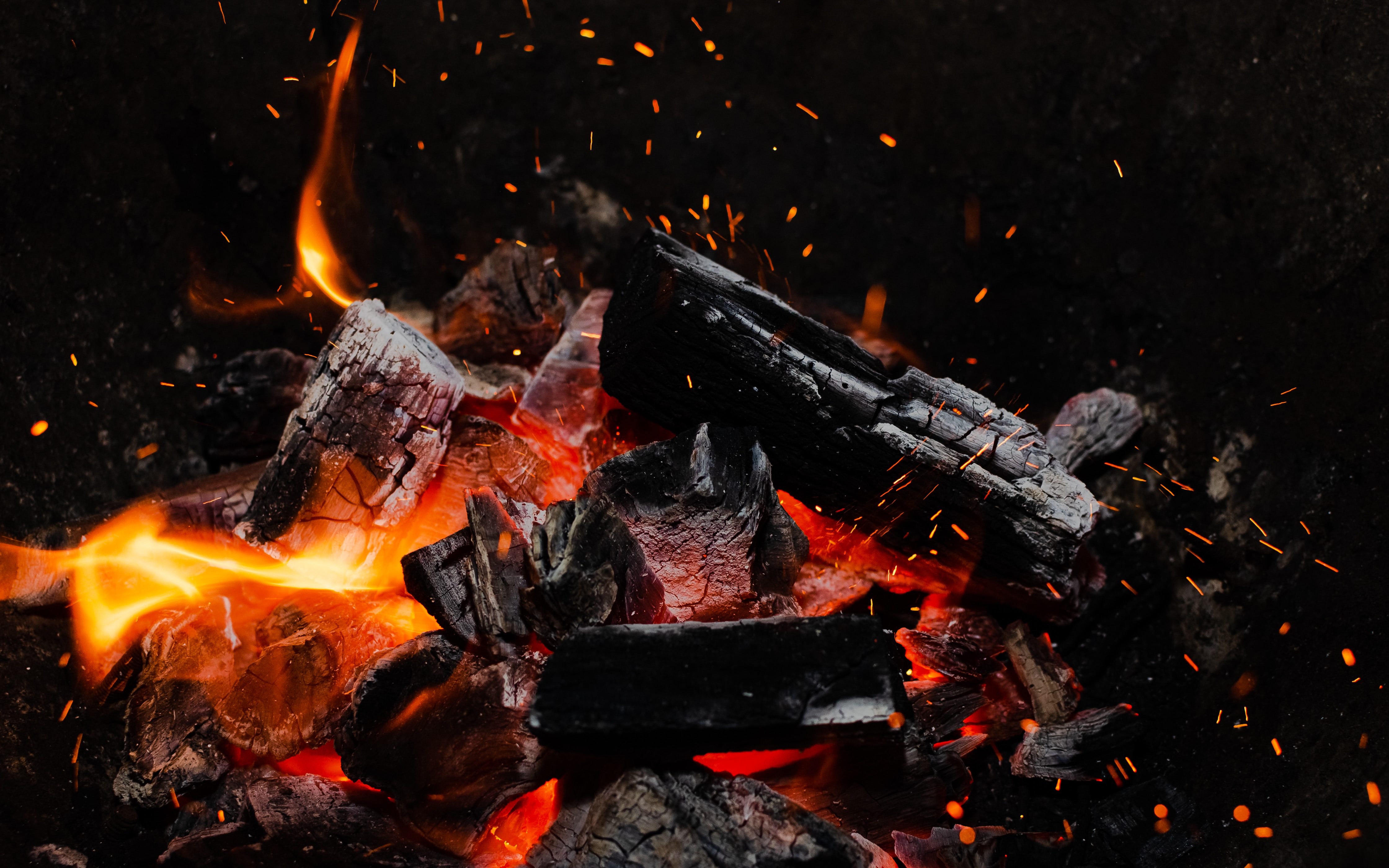 fire, bonfire, coals, sparks, miscellanea, miscellaneous HD wallpaper