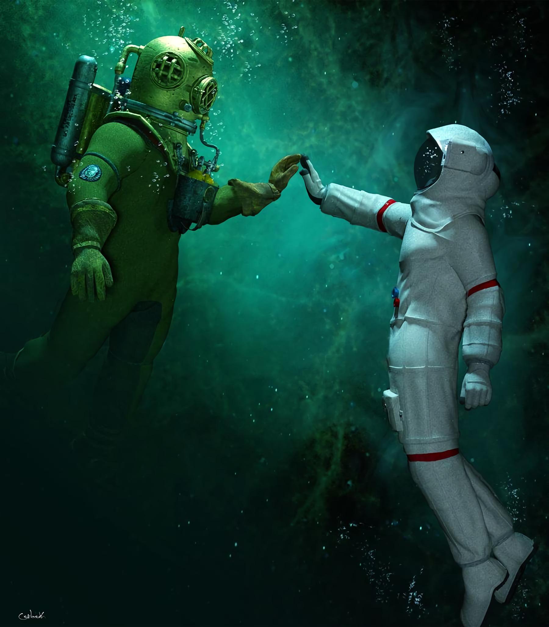 art, under water, underwater, cosmonaut, scuba diver HD wallpaper