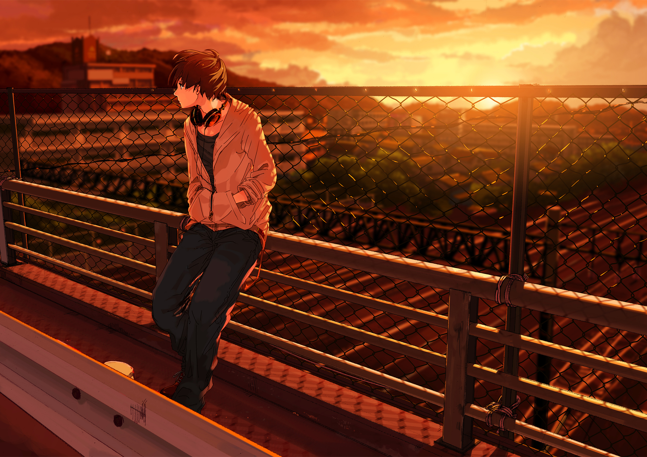boy, anime, fence, headphones, sunset