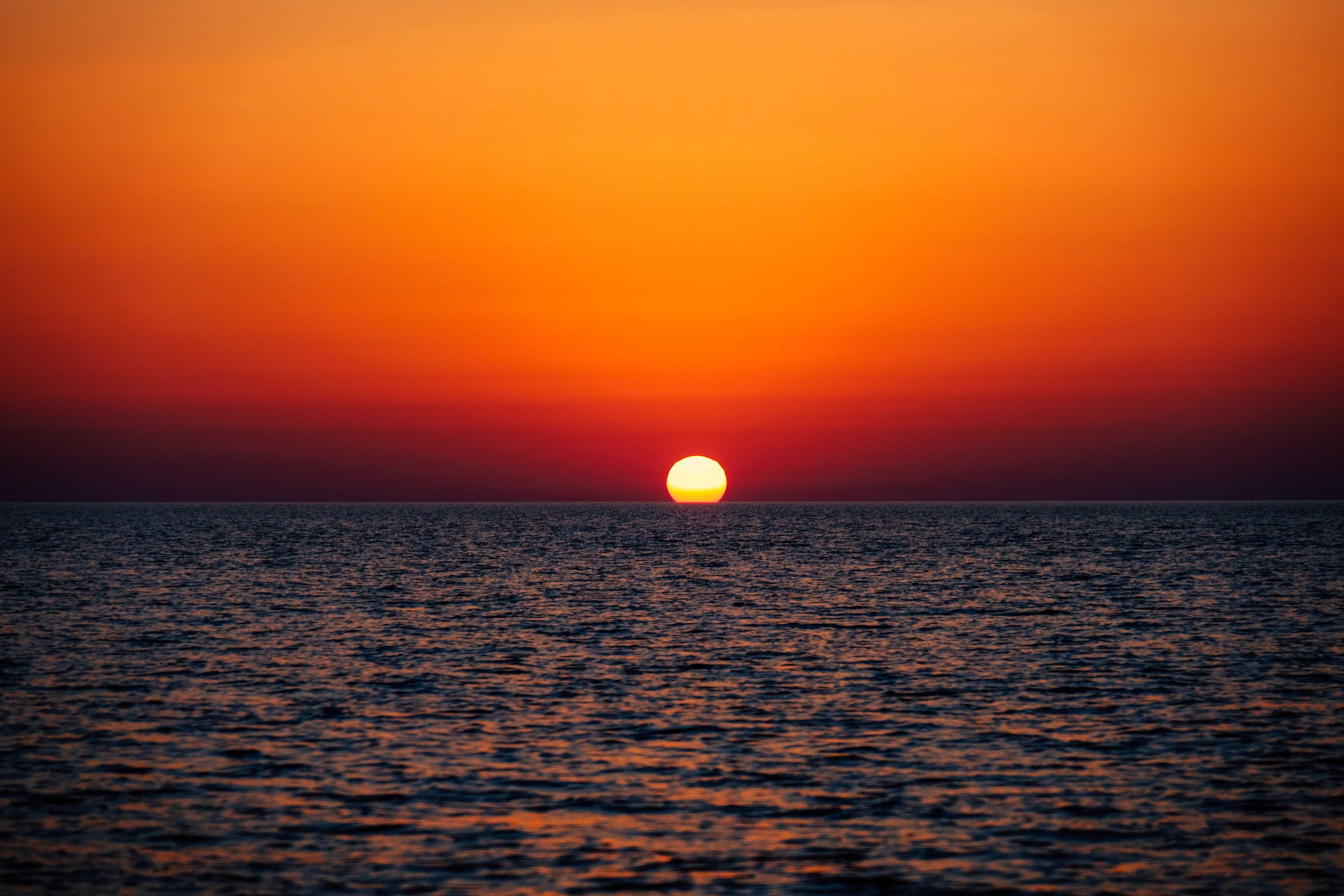 nature, sunset, sky, sea, horizon, glare 4K