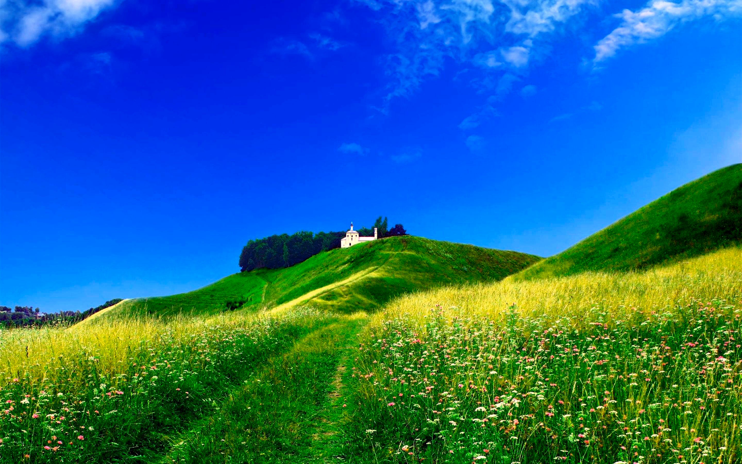 QHD wallpaper sky, blue, hill, meadow