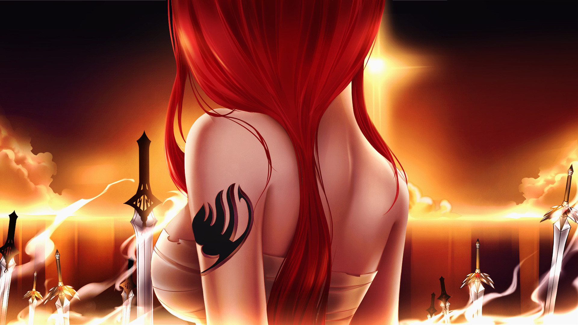 long hair, woman warrior, fairy tail, tattoo, anime, erza scarlet, red hair download HD wallpaper