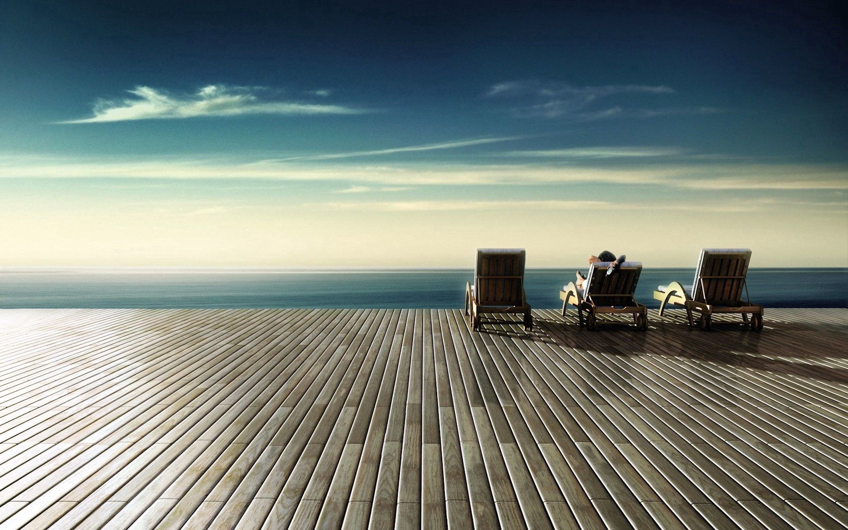 rest, sky, shore, bank, miscellanea, miscellaneous, relaxation, sun loungers, sun beds, wooden floor