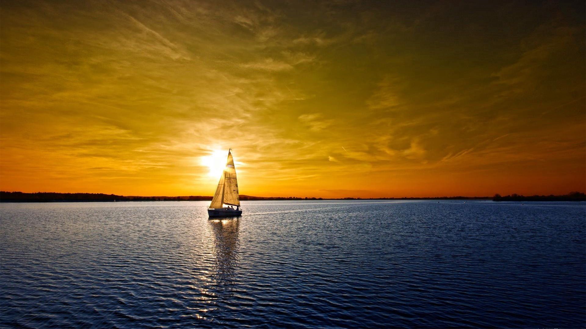 nature, water, sunset, sky, sea, boat, sail mobile wallpaper