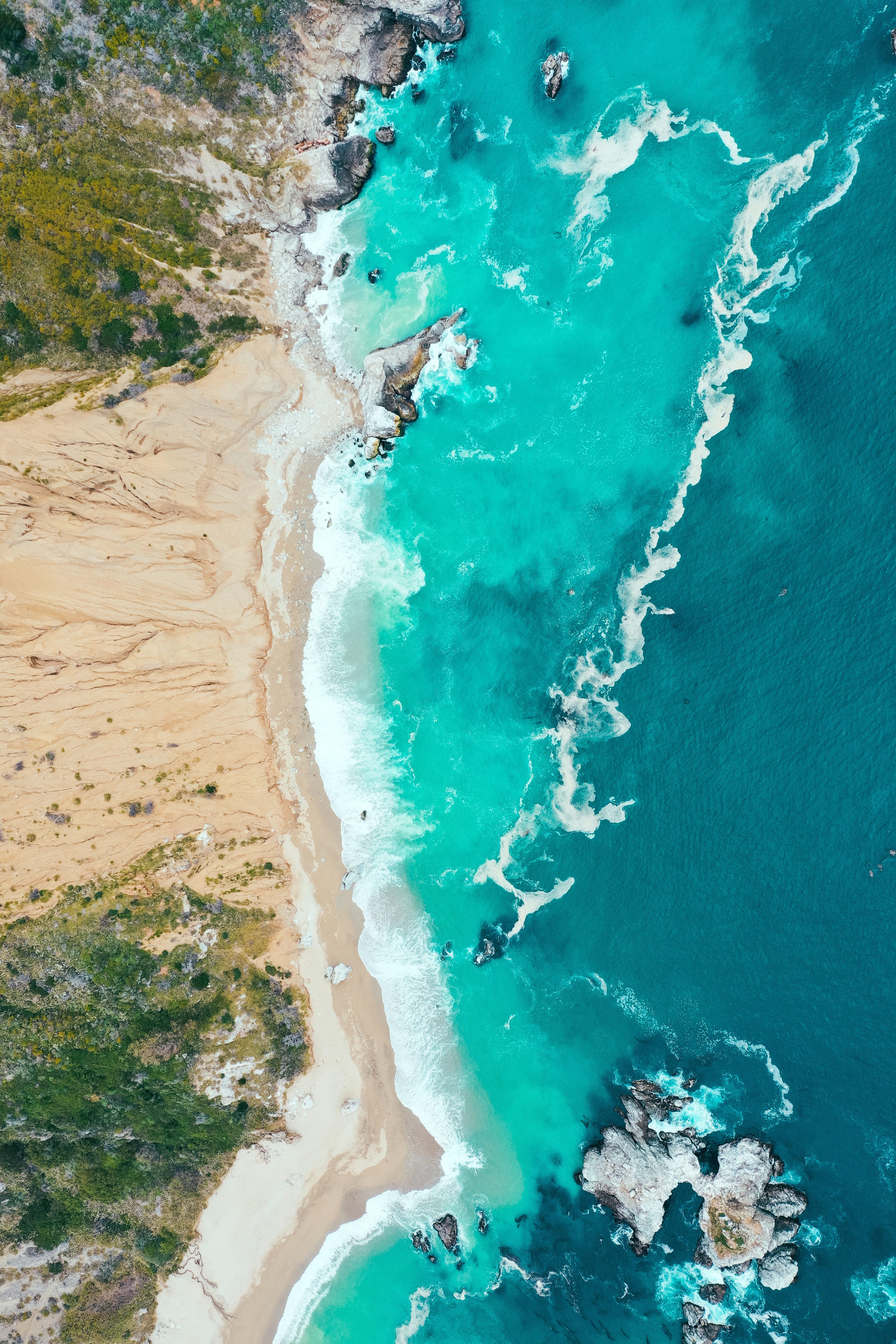 waves, sea, nature, beach, sand, view from above, bank, shore cell phone wallpapers