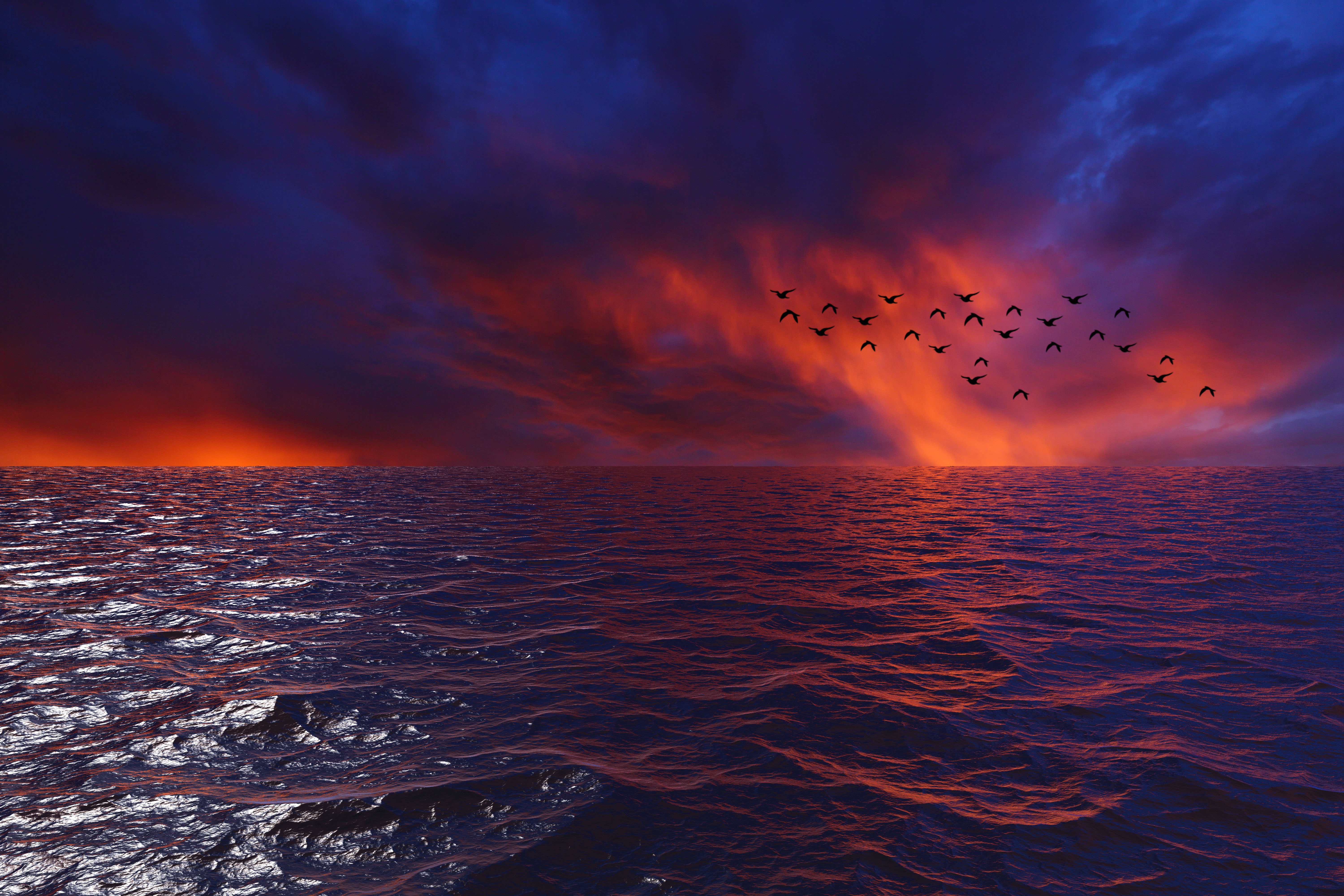 119719 Hintergrundbild herunterladen wolken, natur, vögel, sunset, sky, sea, waves, horizont, herde - Bildschirmschoner und Bilder kostenlos