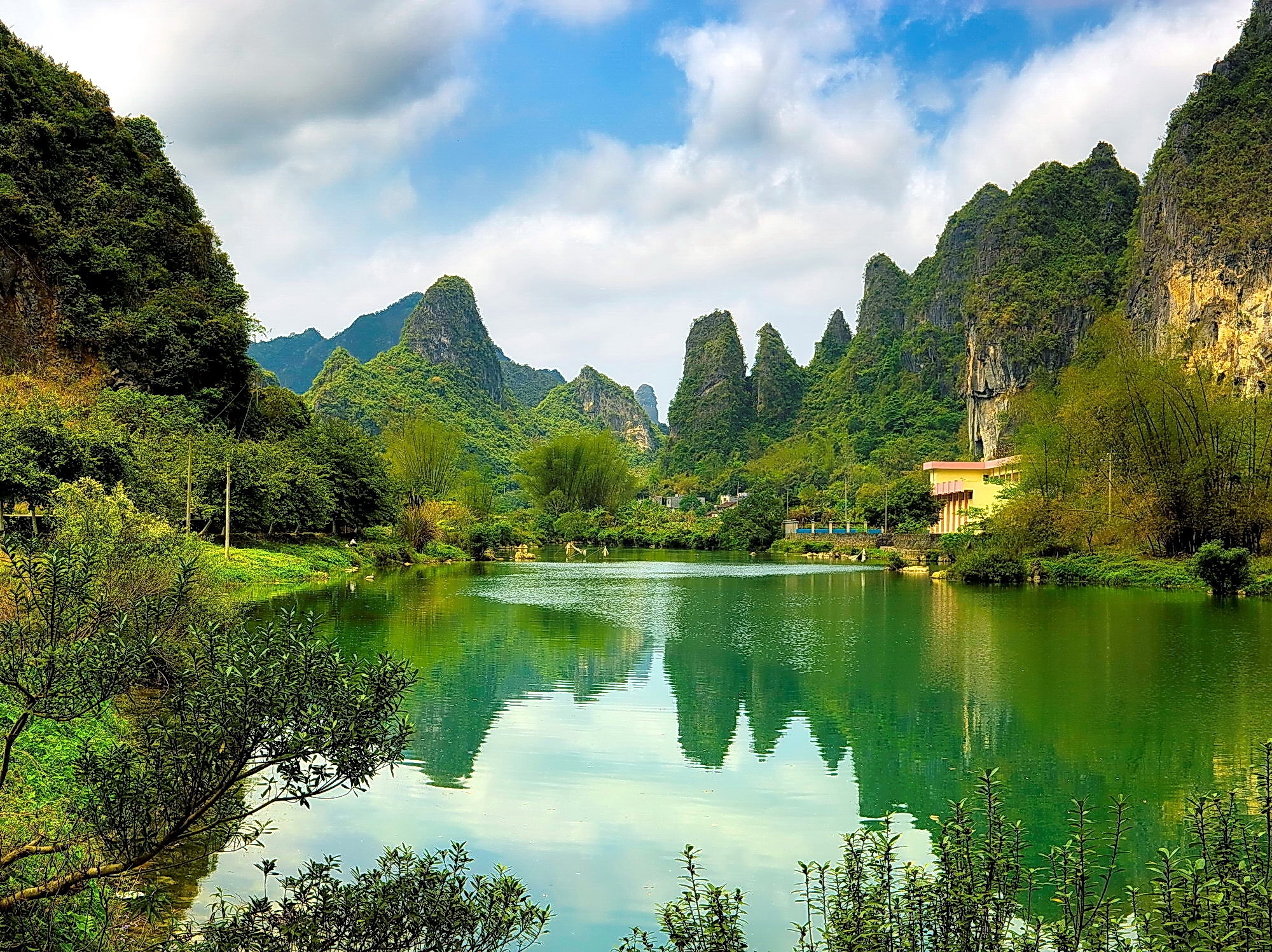 china, pond, nature, water, mountains, shore, surface, shores, woods, scaffolding HD wallpaper