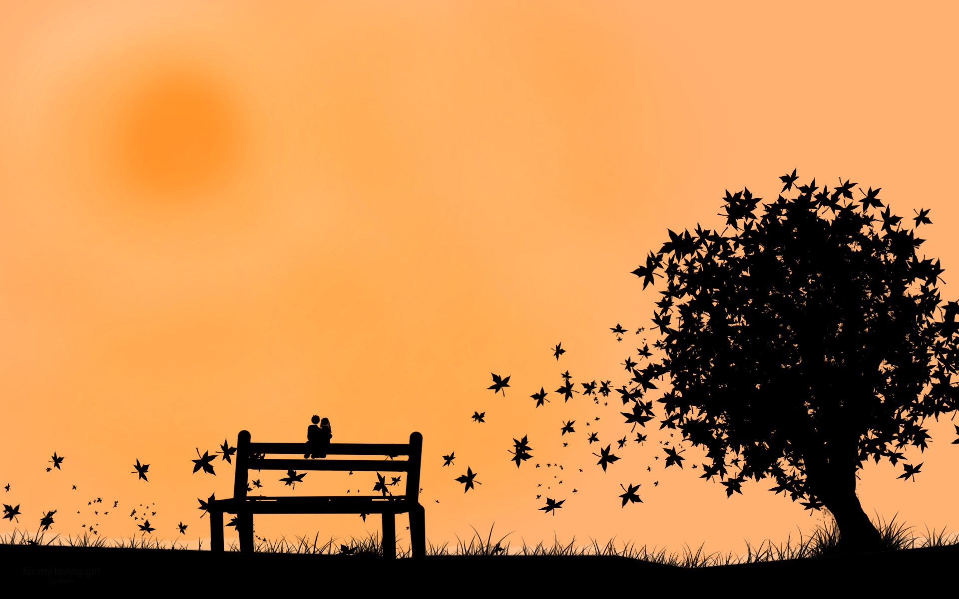 autumn, bench, couple, vector, leaves, silhouette, pair