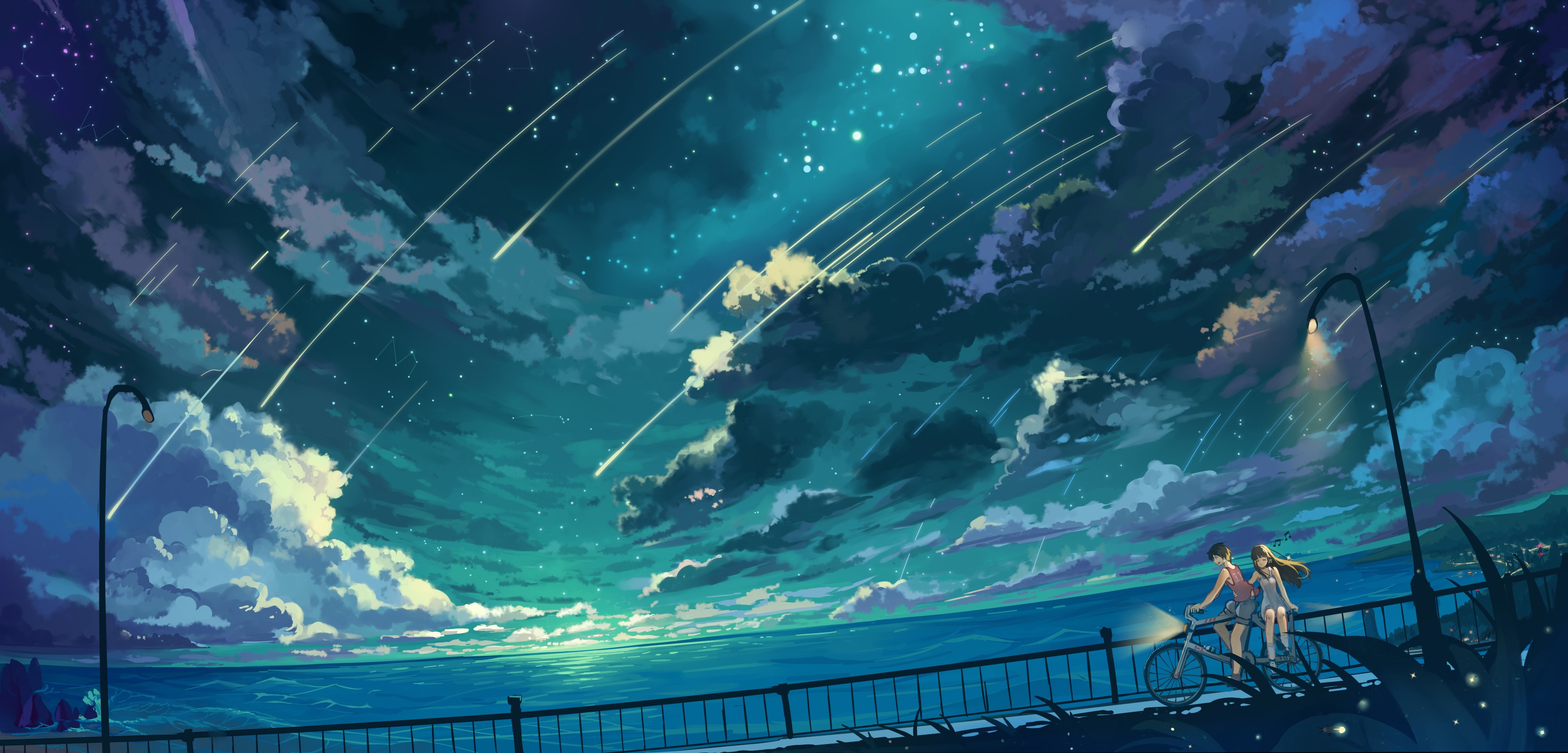 sky, water, horizon, anime, couple, stars, bicycle, cloud, ocean