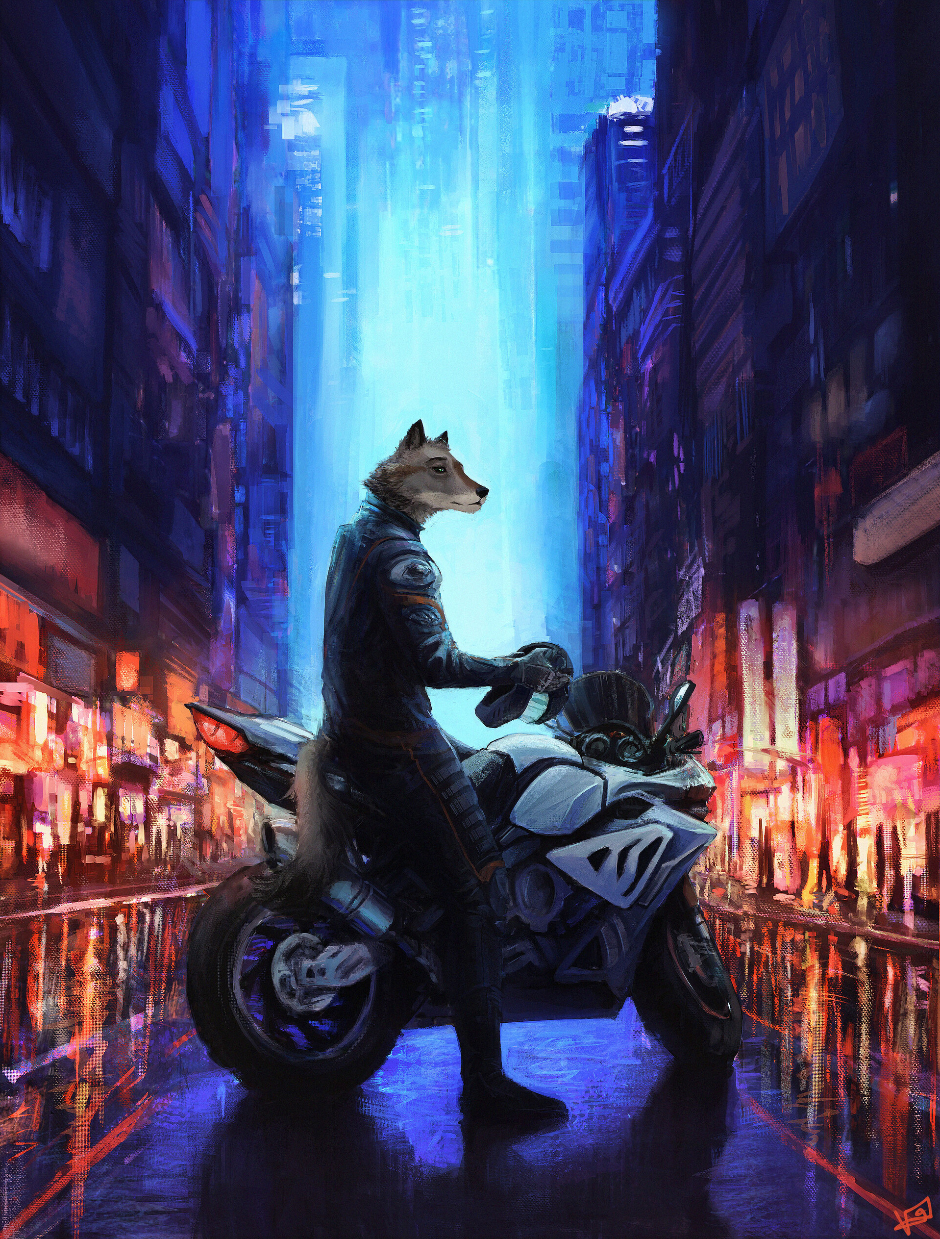 art, wolf, motorcycle Full HD