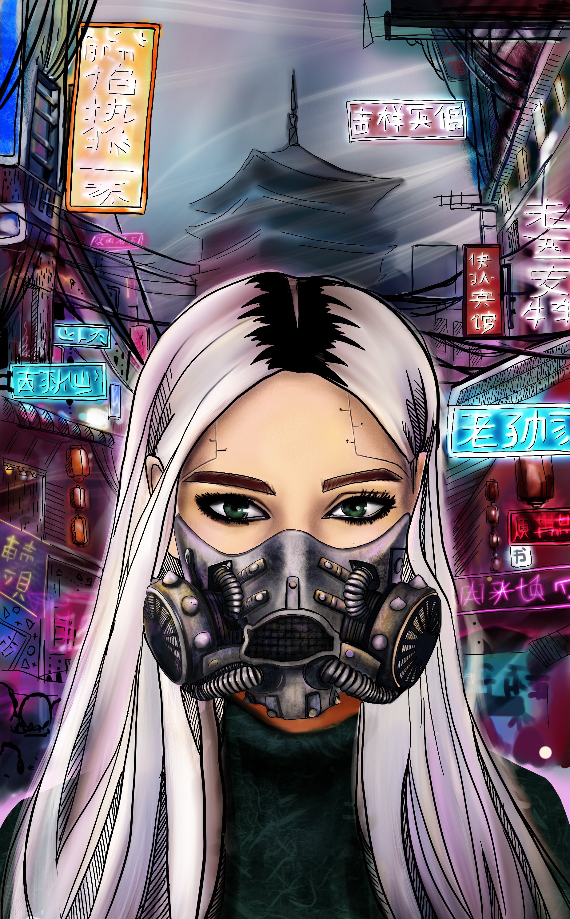 Handy-Wallpaper Mädchen, Kunst, Cyberpunk, Maske, Respirator, Atemschutzgerät kostenlos herunterladen.