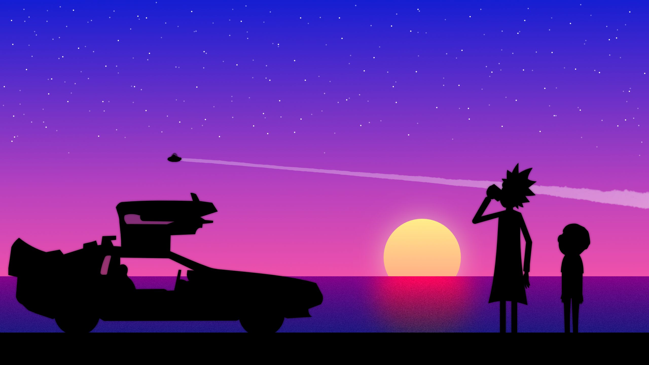 purple, rick and morty, sunset, car, tv show, morty smith, rick sanchez Full HD