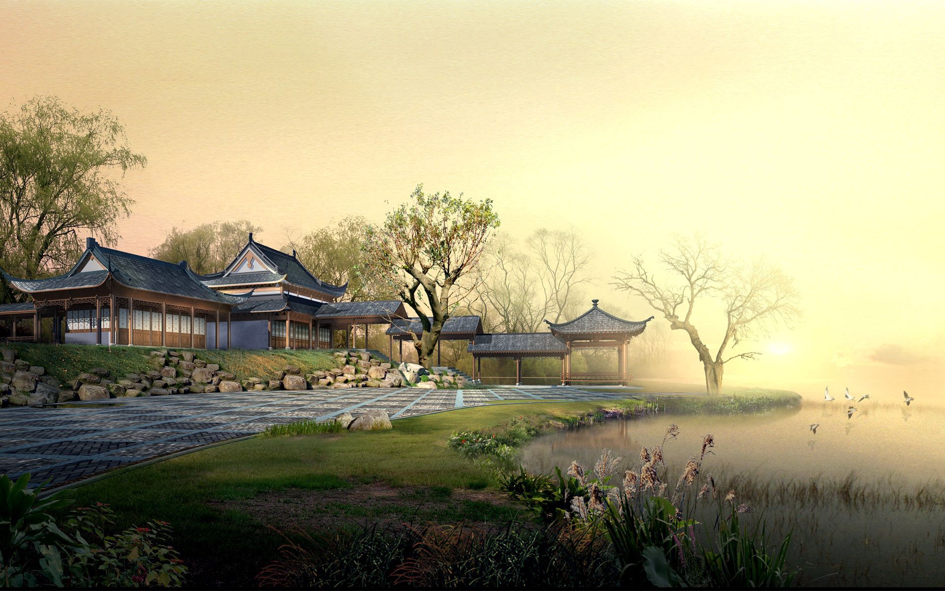 免費壁紙149003：中国大陆, 庭院, 雾, 湖景 下載手機圖片