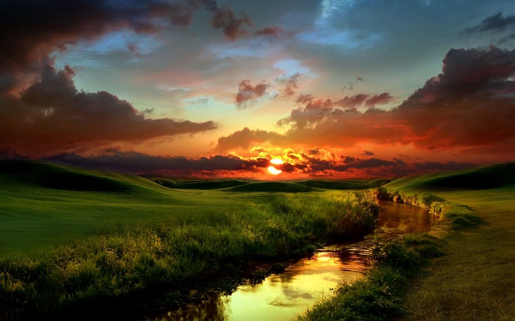 Laden Sie das Ufer, Flüsse, Natur, Sunset, Grass, Sky, Clouds, Grüne, Grünen, Abend, Die Ufer-Bild kostenlos auf Ihren PC-Desktop herunter