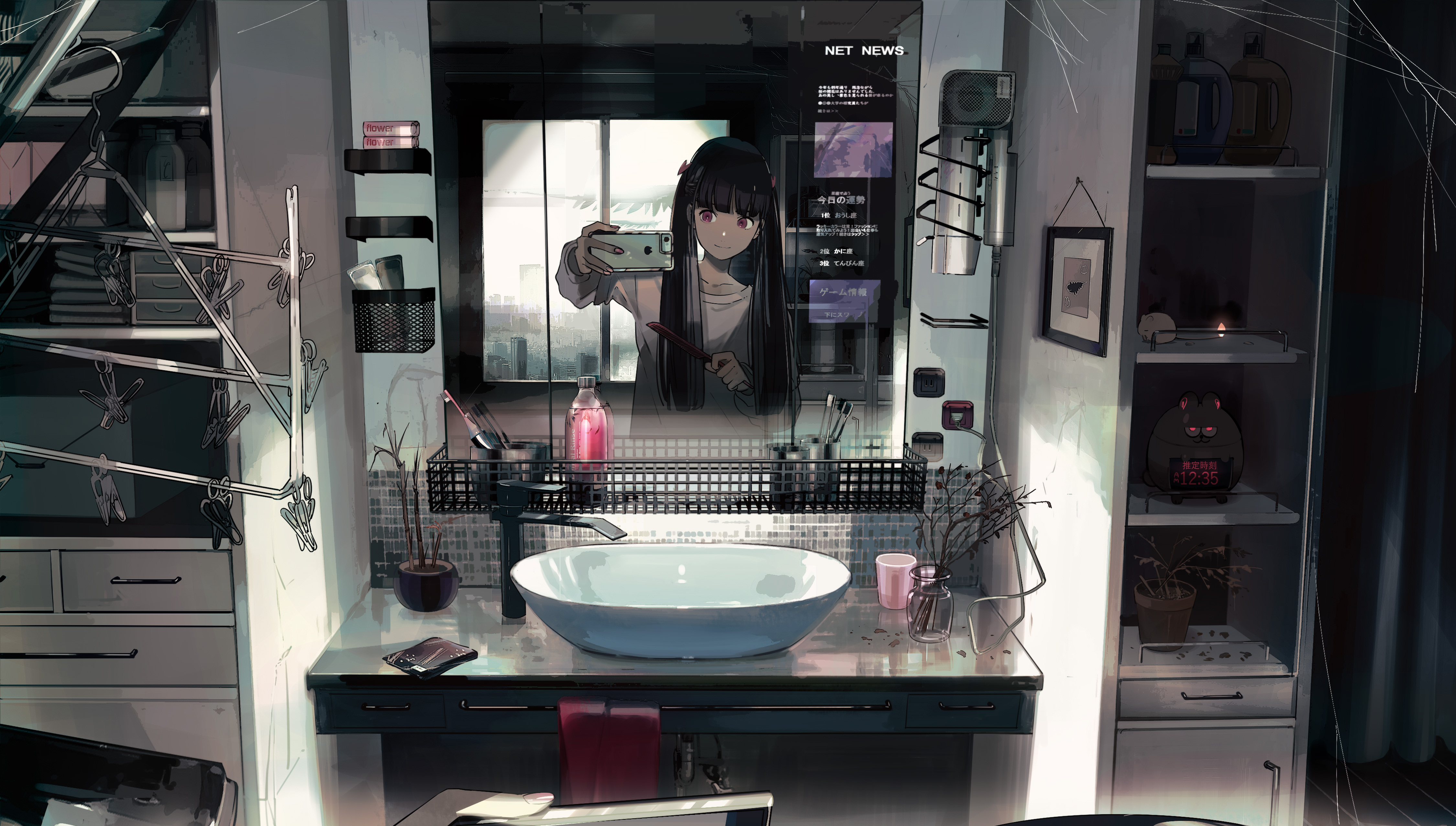 HD desktop wallpaper: Anime, Room, Bathroom, Selfie, Smartphone, Black  Hair, Long Hair, Twintails download free picture #943169