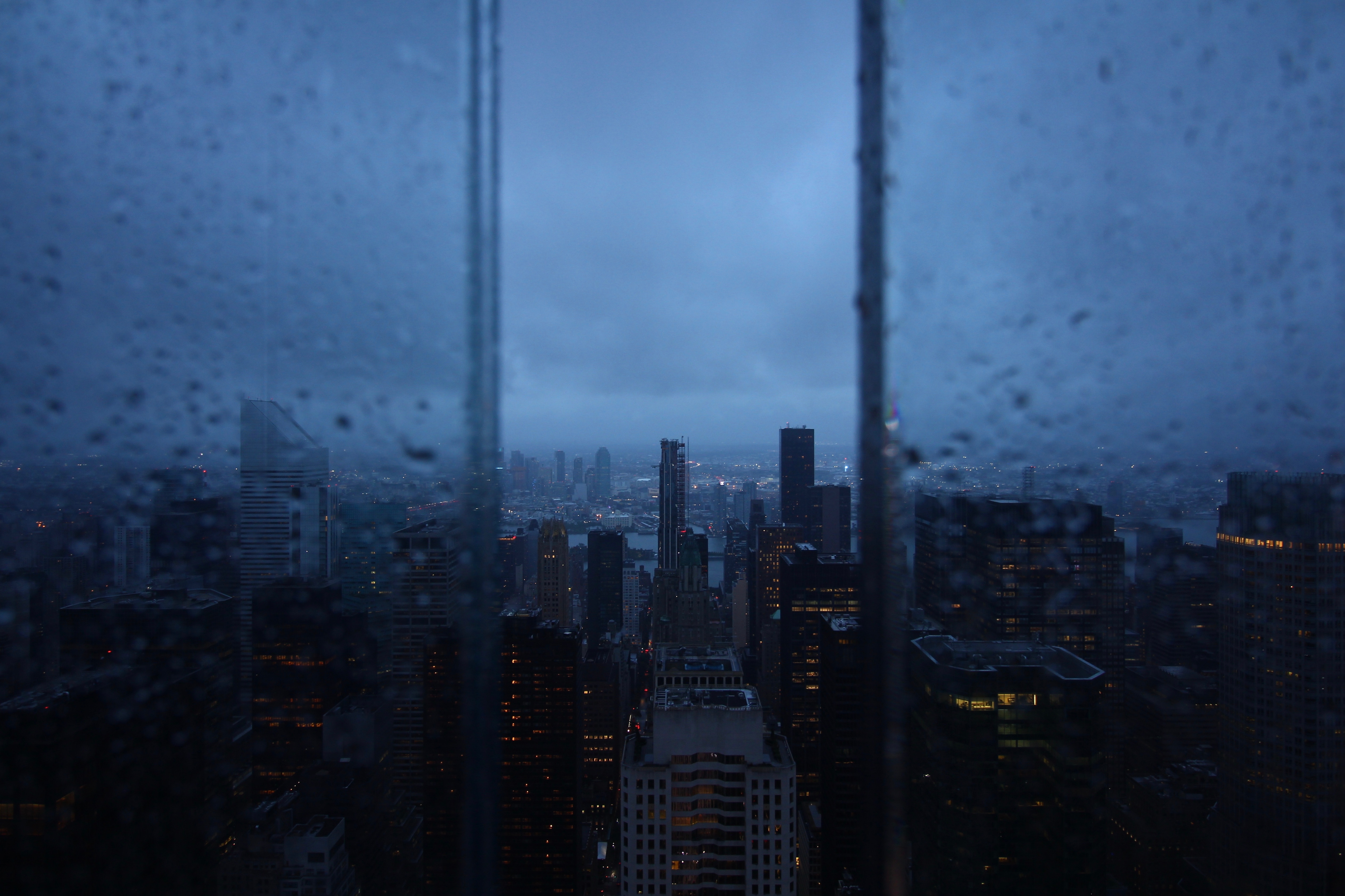 rain, skyscrapers, cities, view from above, night city, window 4K